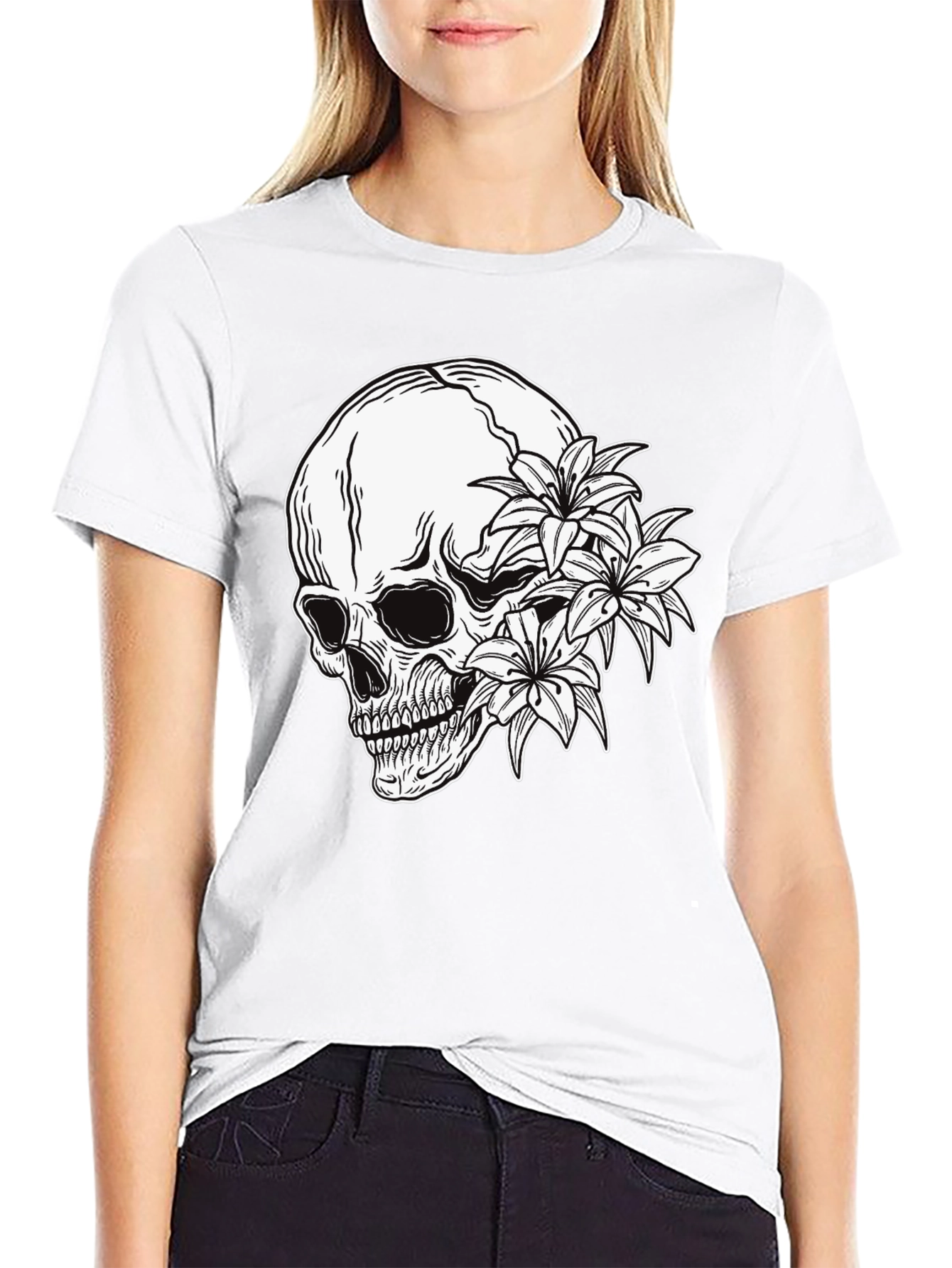 Skull and Flowers Graphic Print Black T-Shirt