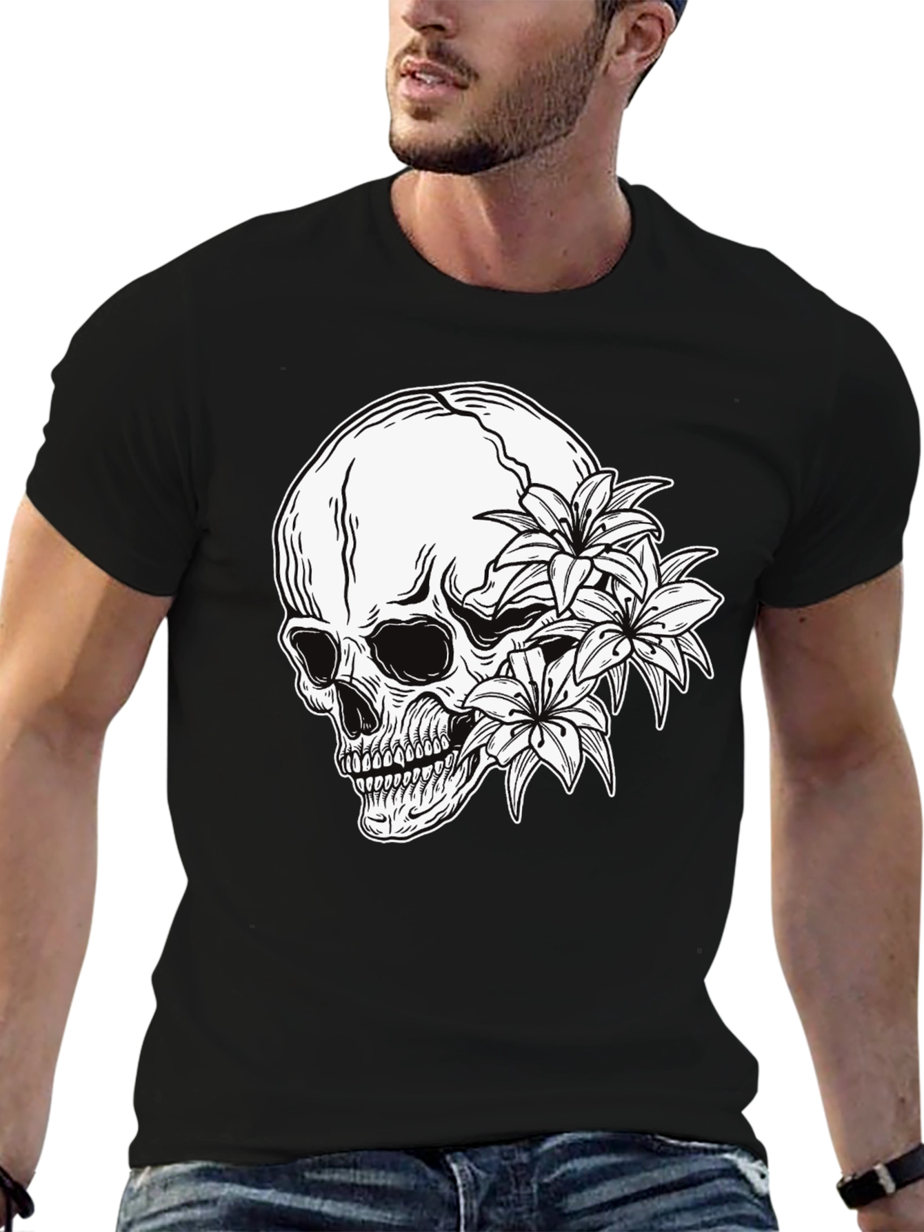 Skull and Flowers Graphic Print Black T-Shirt