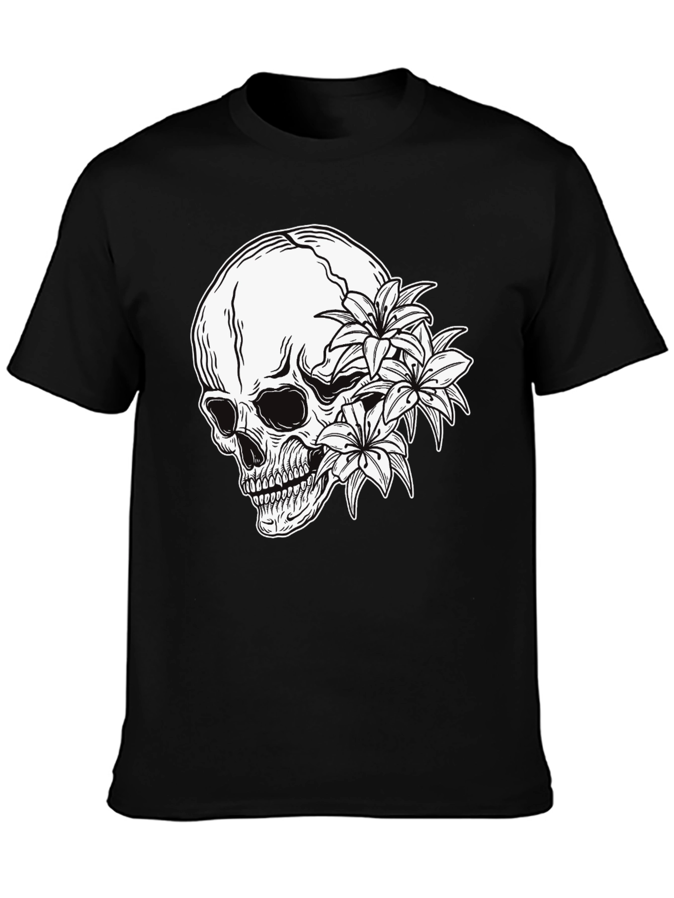 Skull and Flowers Graphic Print Black T-Shirt