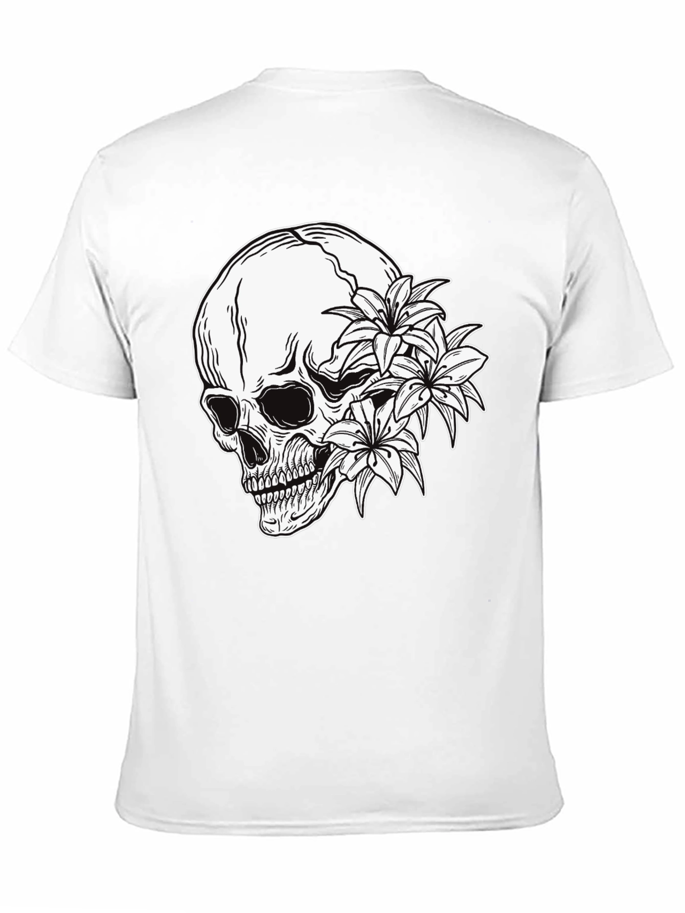 Skull and Flowers Graphic Print Black T-Shirt