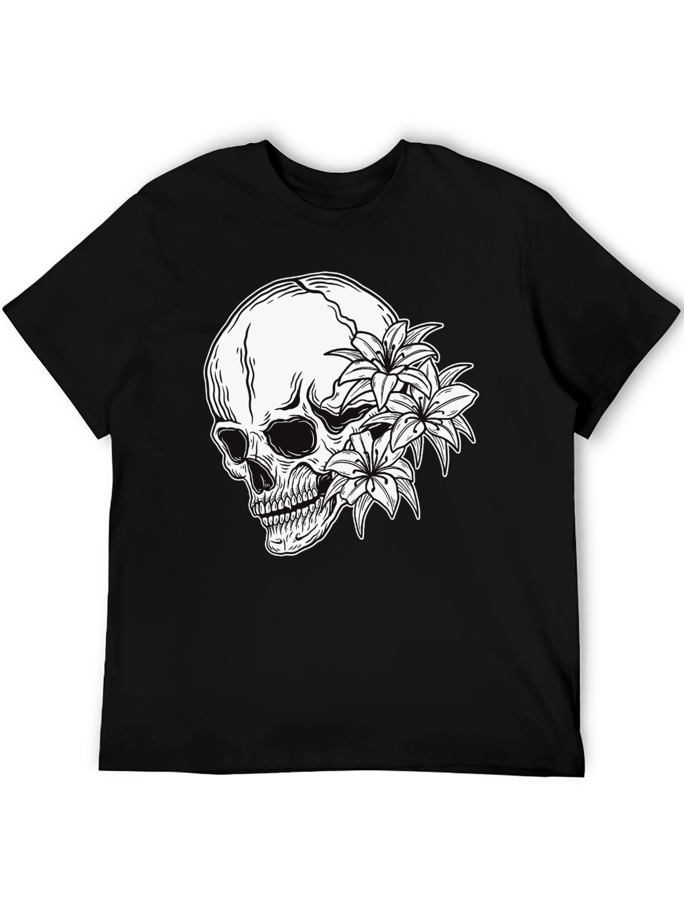 Skull and Flowers Graphic Print Black T-Shirt