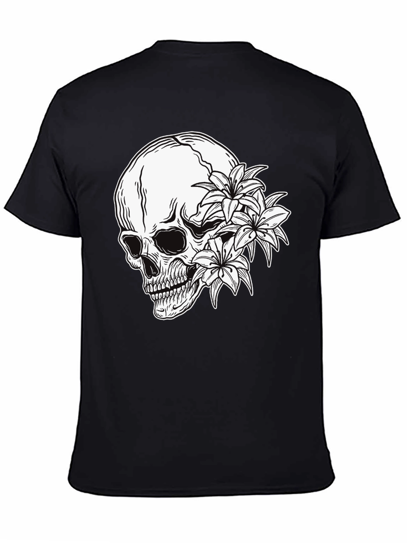 Skull and Flowers Graphic Print Black T-Shirt