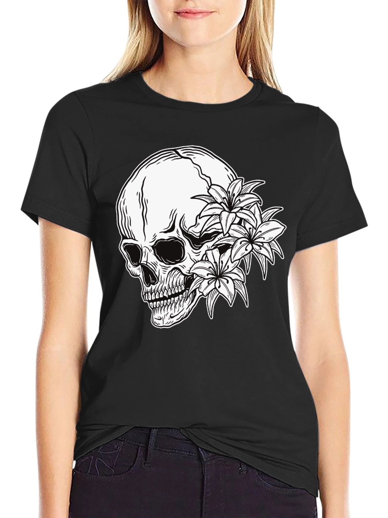 Skull and Flowers Graphic Print Black T-Shirt