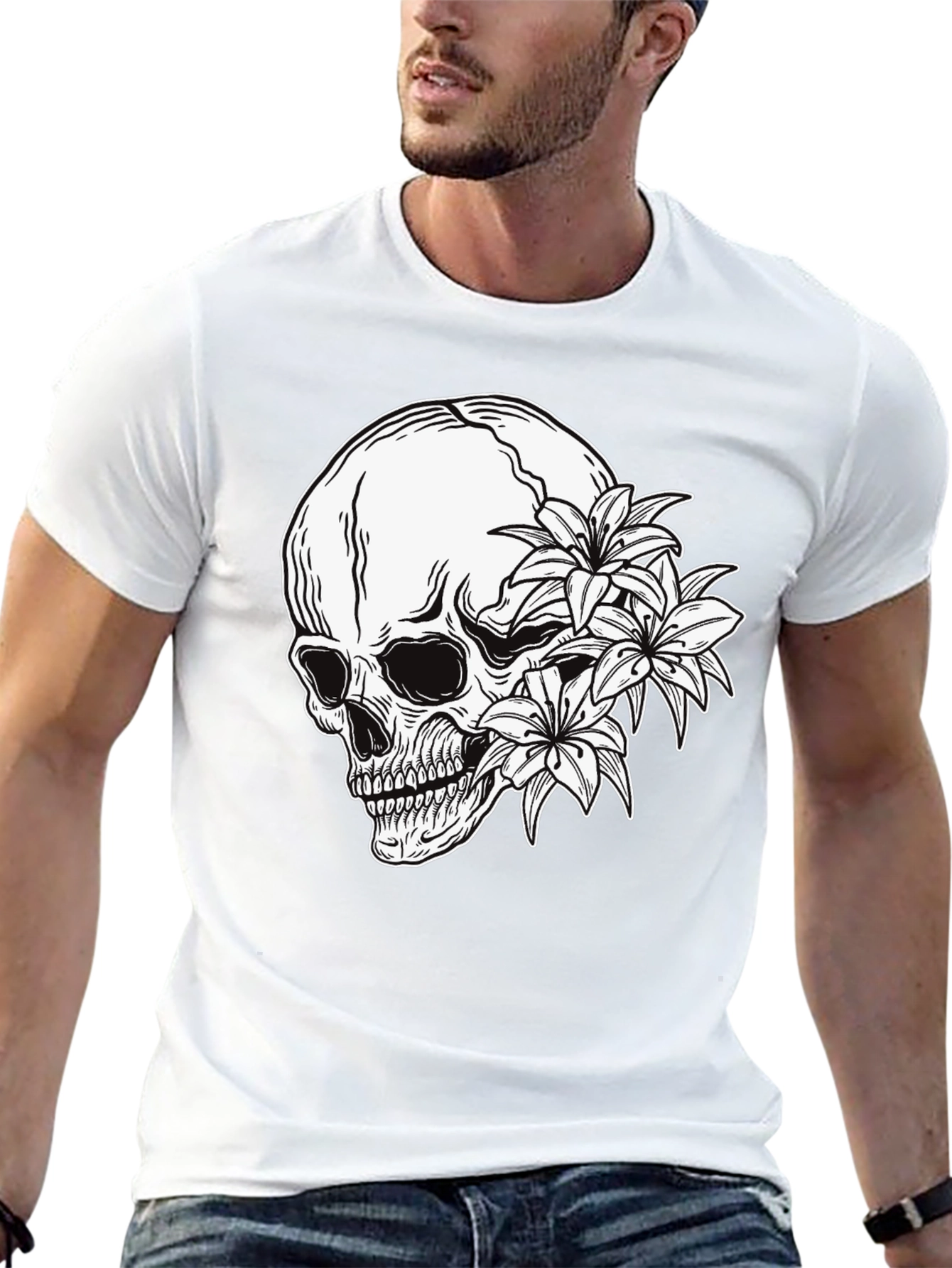 Skull and Flowers Graphic Print Black T-Shirt