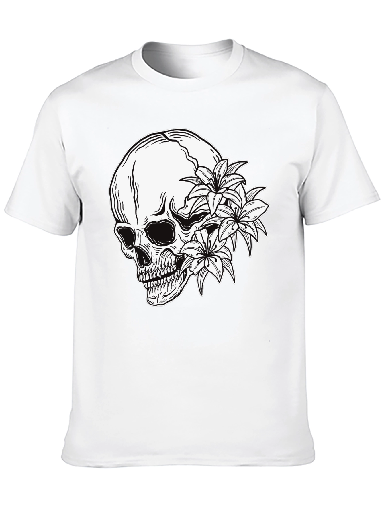 Skull and Flowers Graphic Print Black T-Shirt