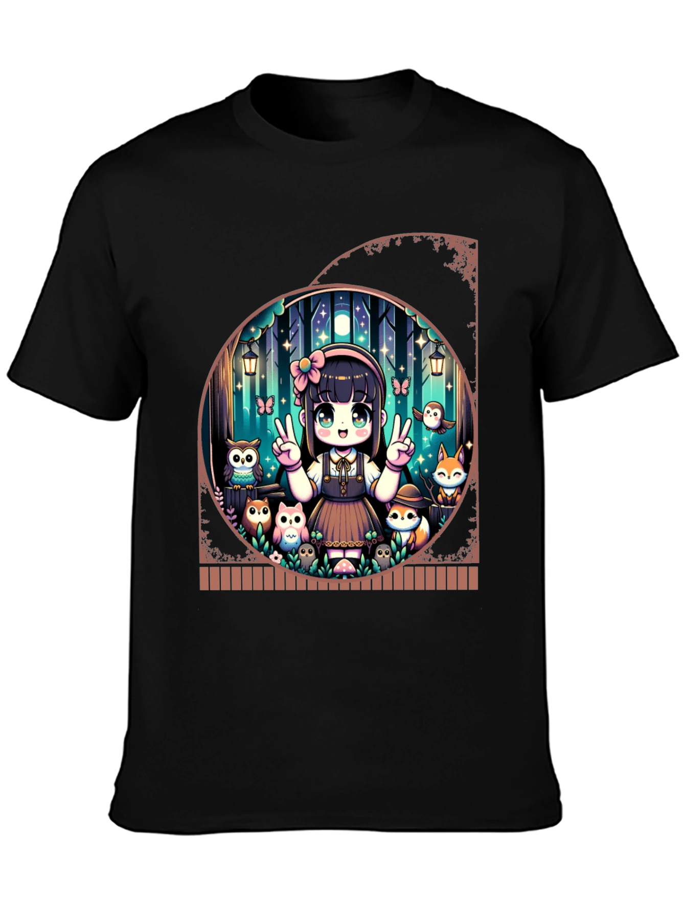 Anime Girl & Forest Animals Black T-Shirt