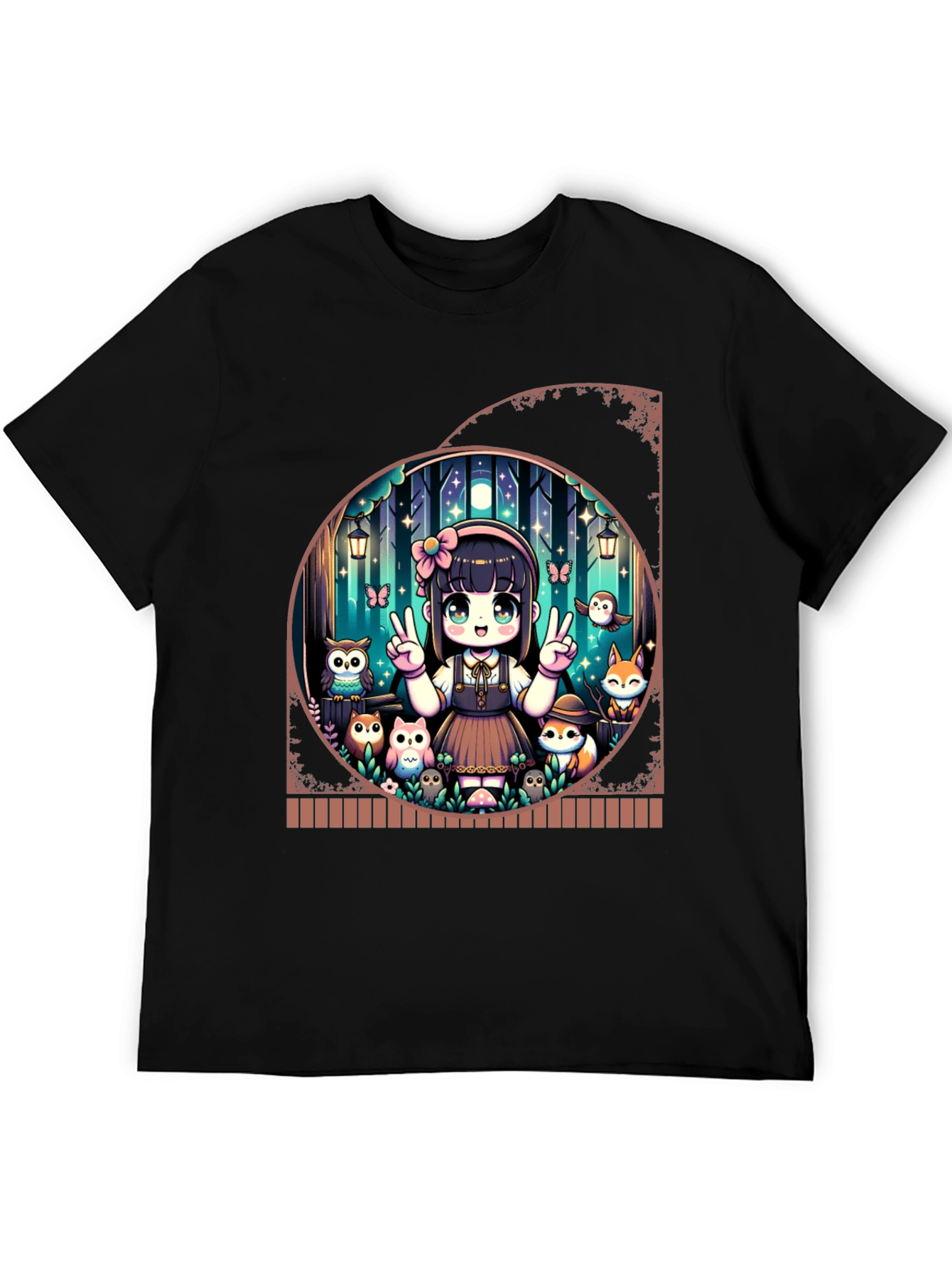 Anime Girl & Forest Animals Black T-Shirt