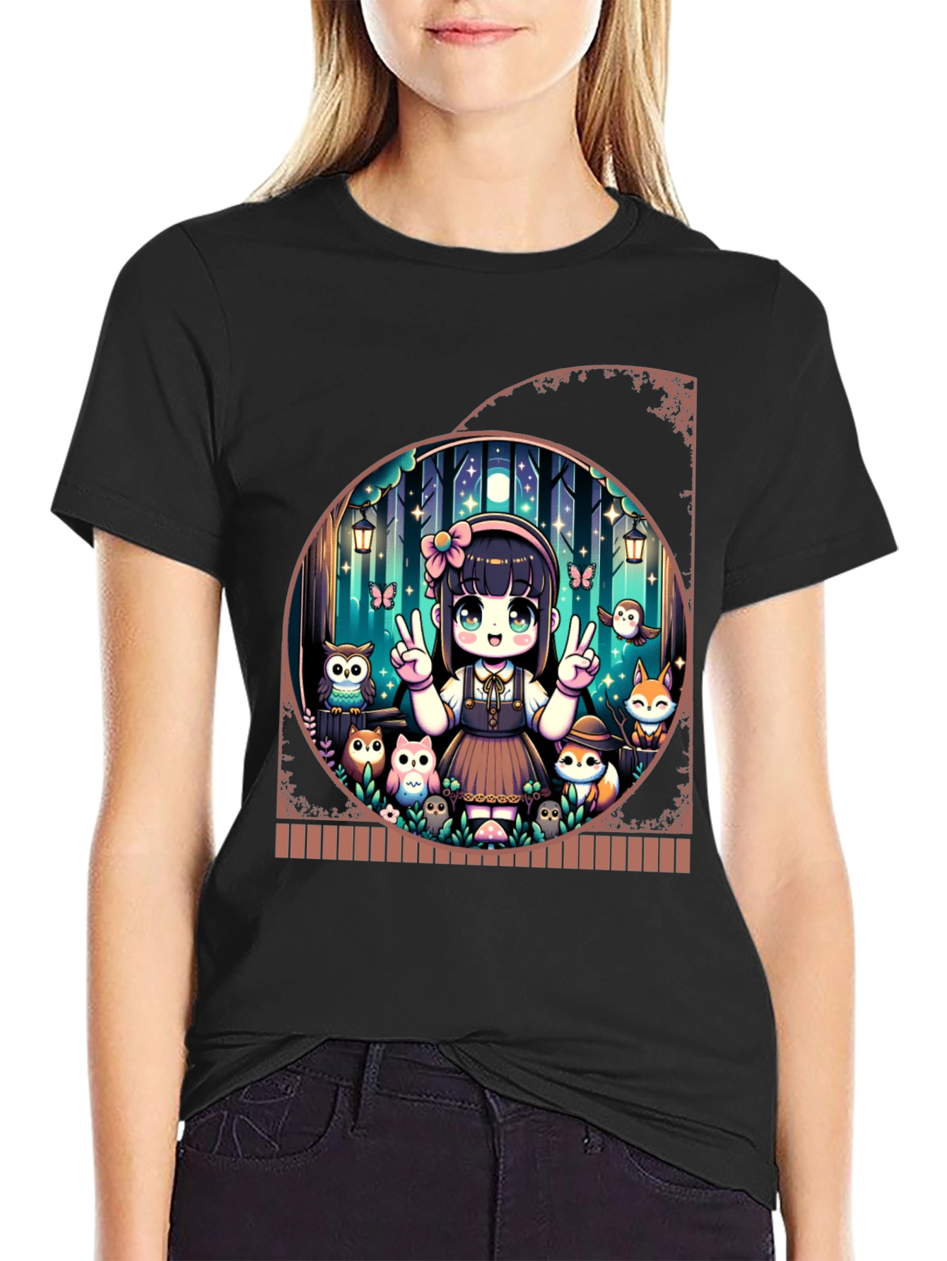 Anime Girl & Forest Animals Black T-Shirt