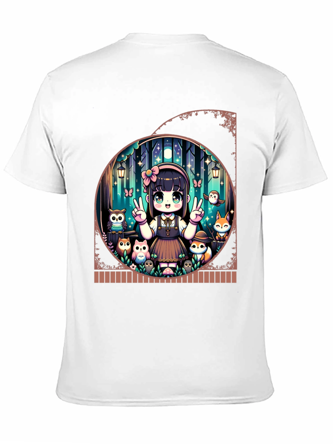 Anime Girl & Forest Animals Black T-Shirt