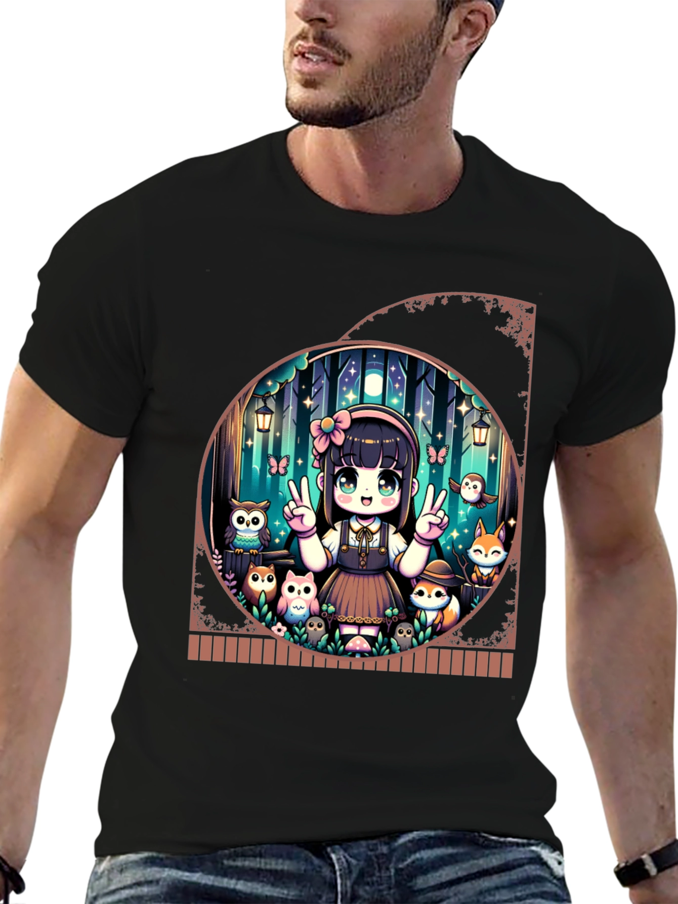 Anime Girl & Forest Animals Black T-Shirt