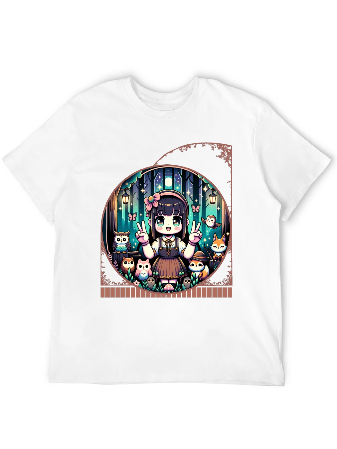Anime Girl & Forest Animals Black T-Shirt
