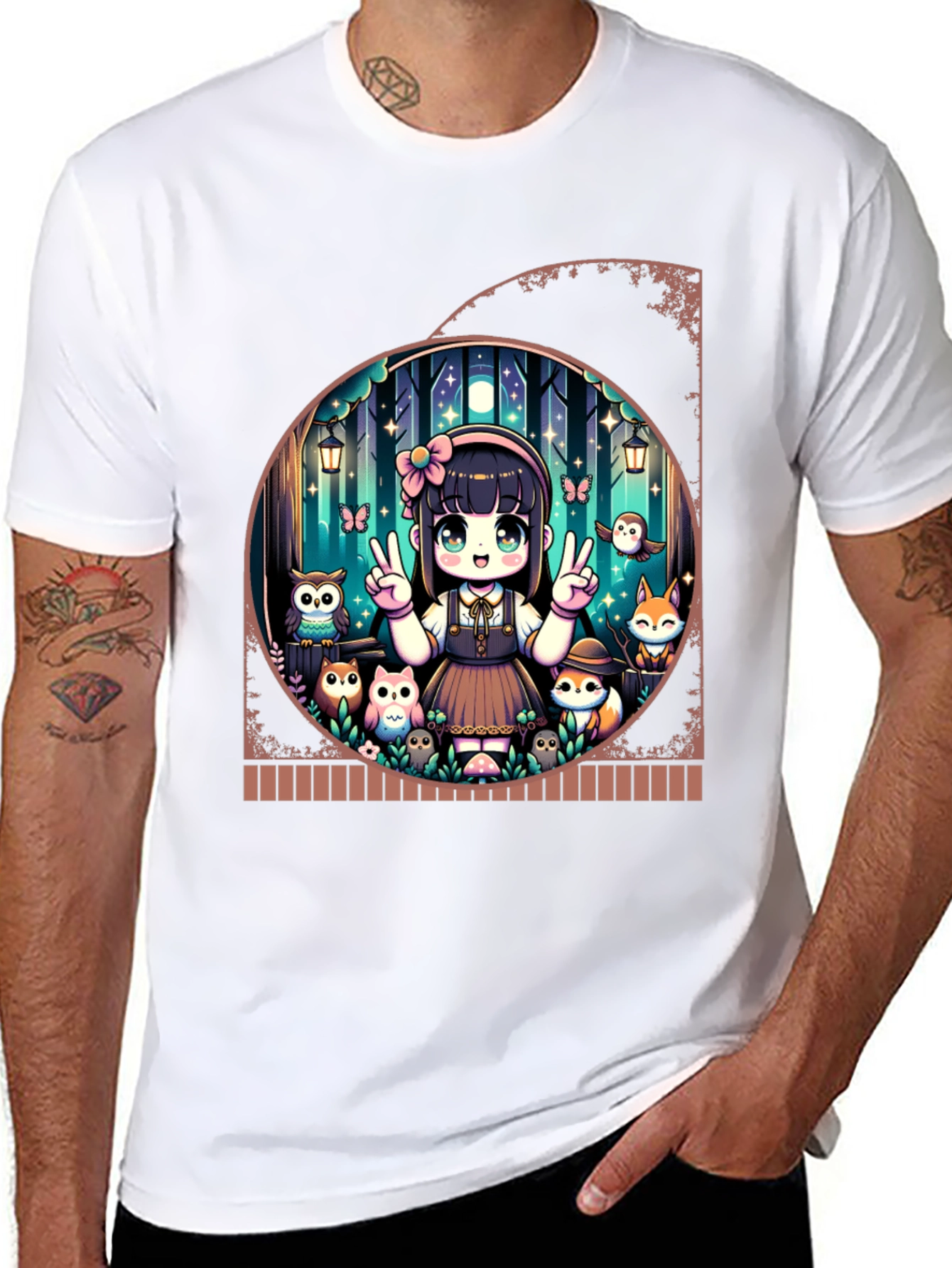 Anime Girl & Forest Animals Black T-Shirt