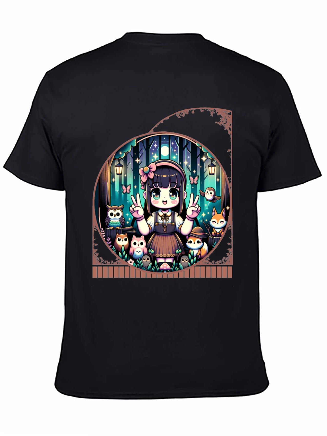 Anime Girl & Forest Animals Black T-Shirt