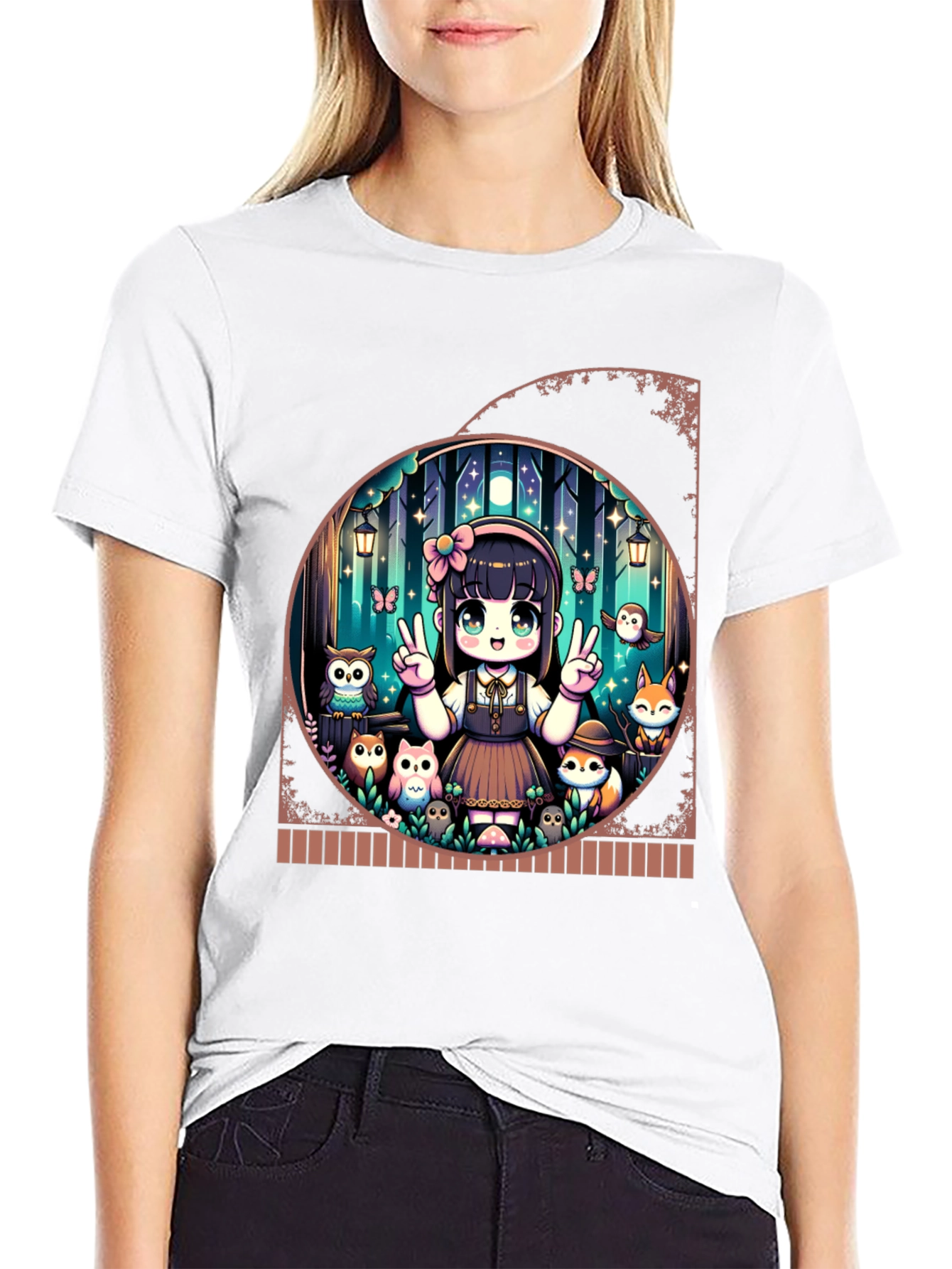 Anime Girl & Forest Animals Black T-Shirt