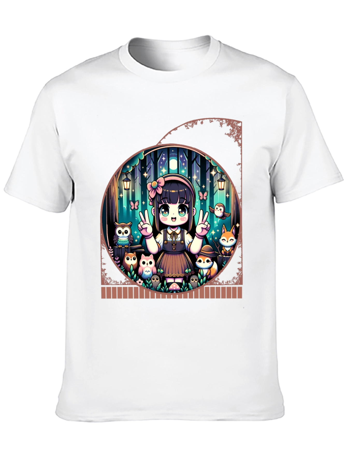 Anime Girl & Forest Animals Black T-Shirt