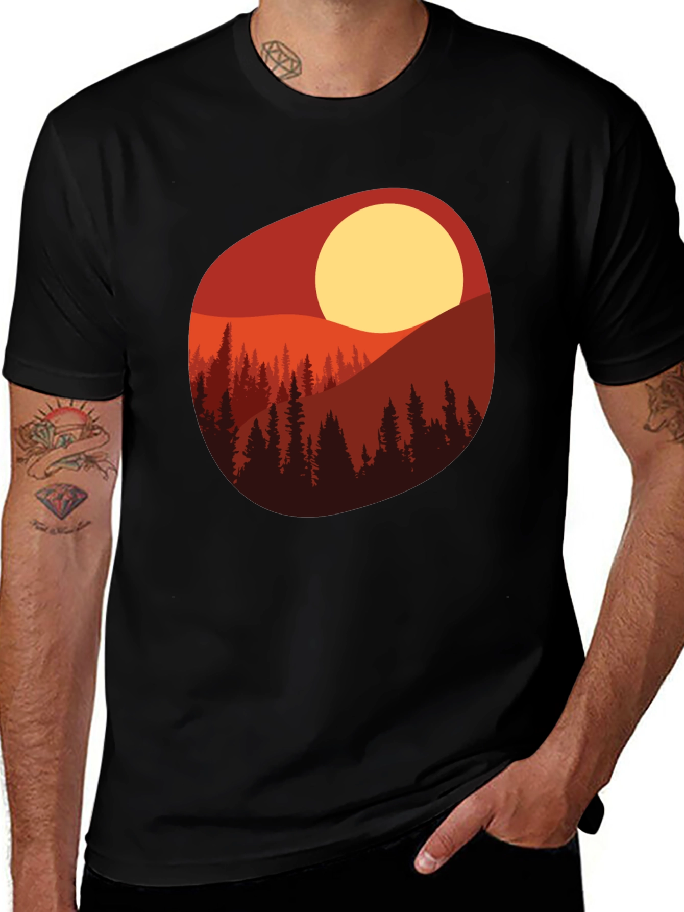 Sunset Mountain Scene Graphic Tee - Black