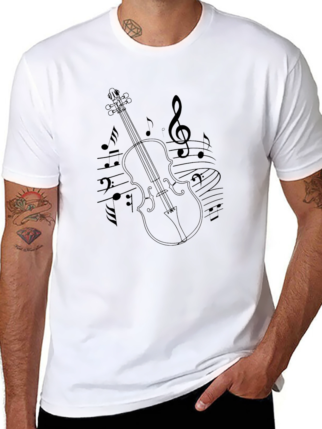 Violin & Music Notes Graphic Black T-Shirt