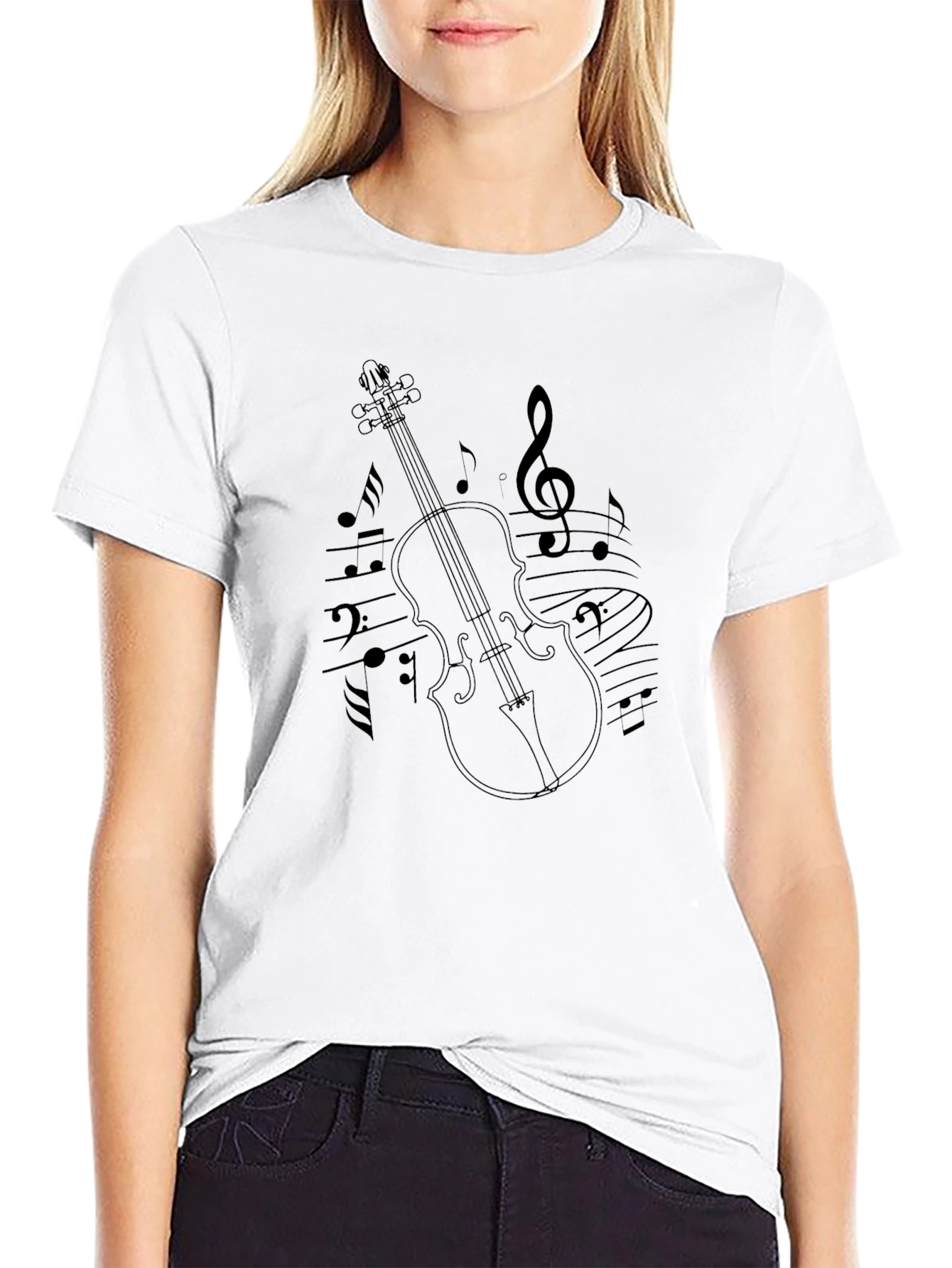 Violin & Music Notes Graphic Black T-Shirt