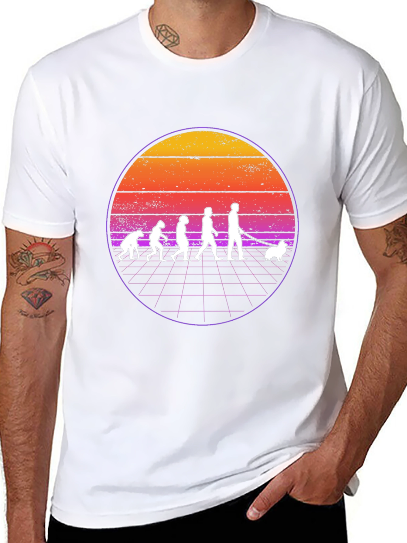 Evolution of Dog Walker T-Shirt - Retro Sunset Design