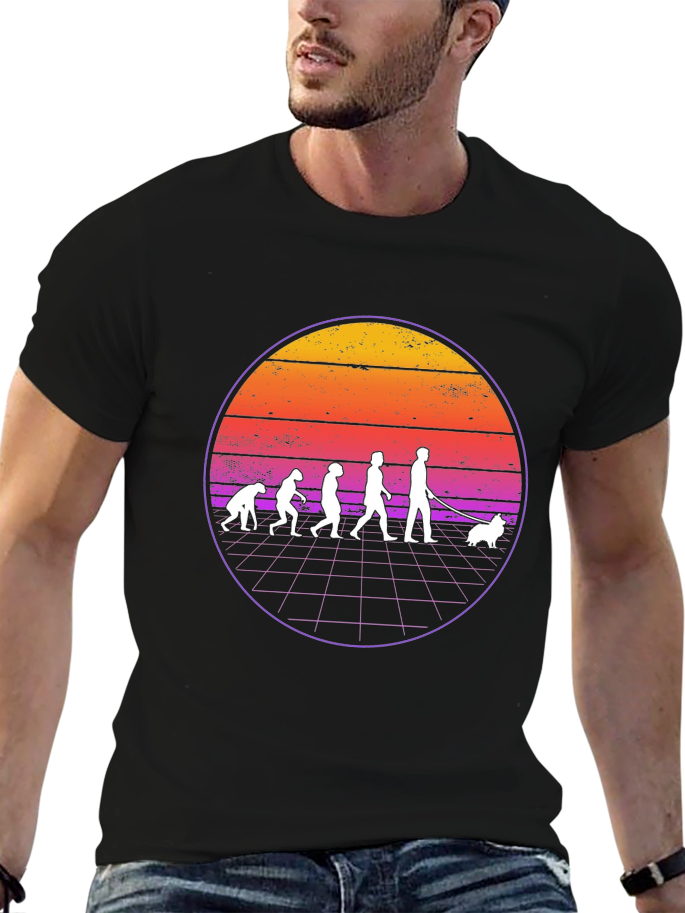 Evolution of Dog Walker T-Shirt - Retro Sunset Design