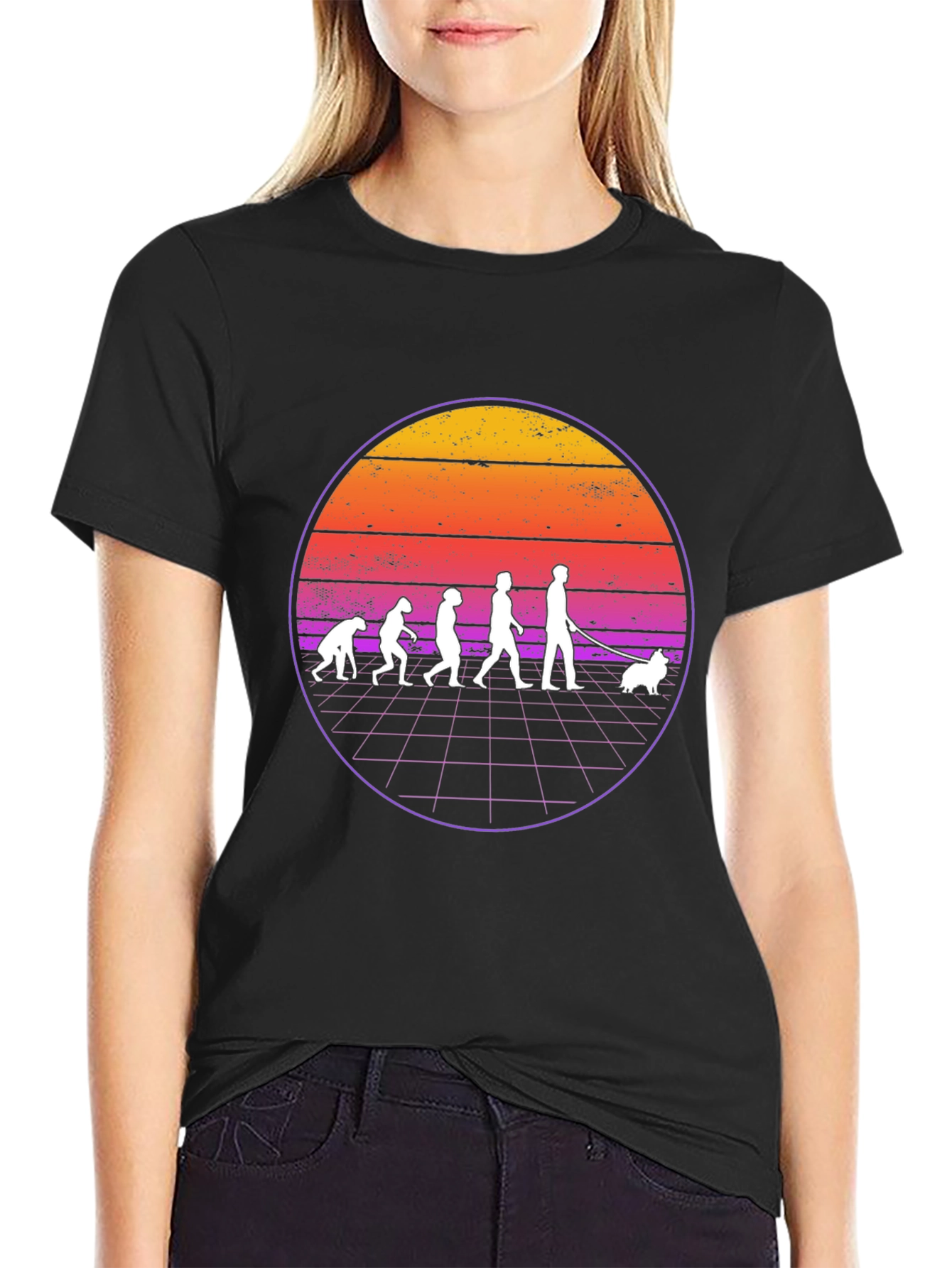 Evolution of Dog Walker T-Shirt - Retro Sunset Design