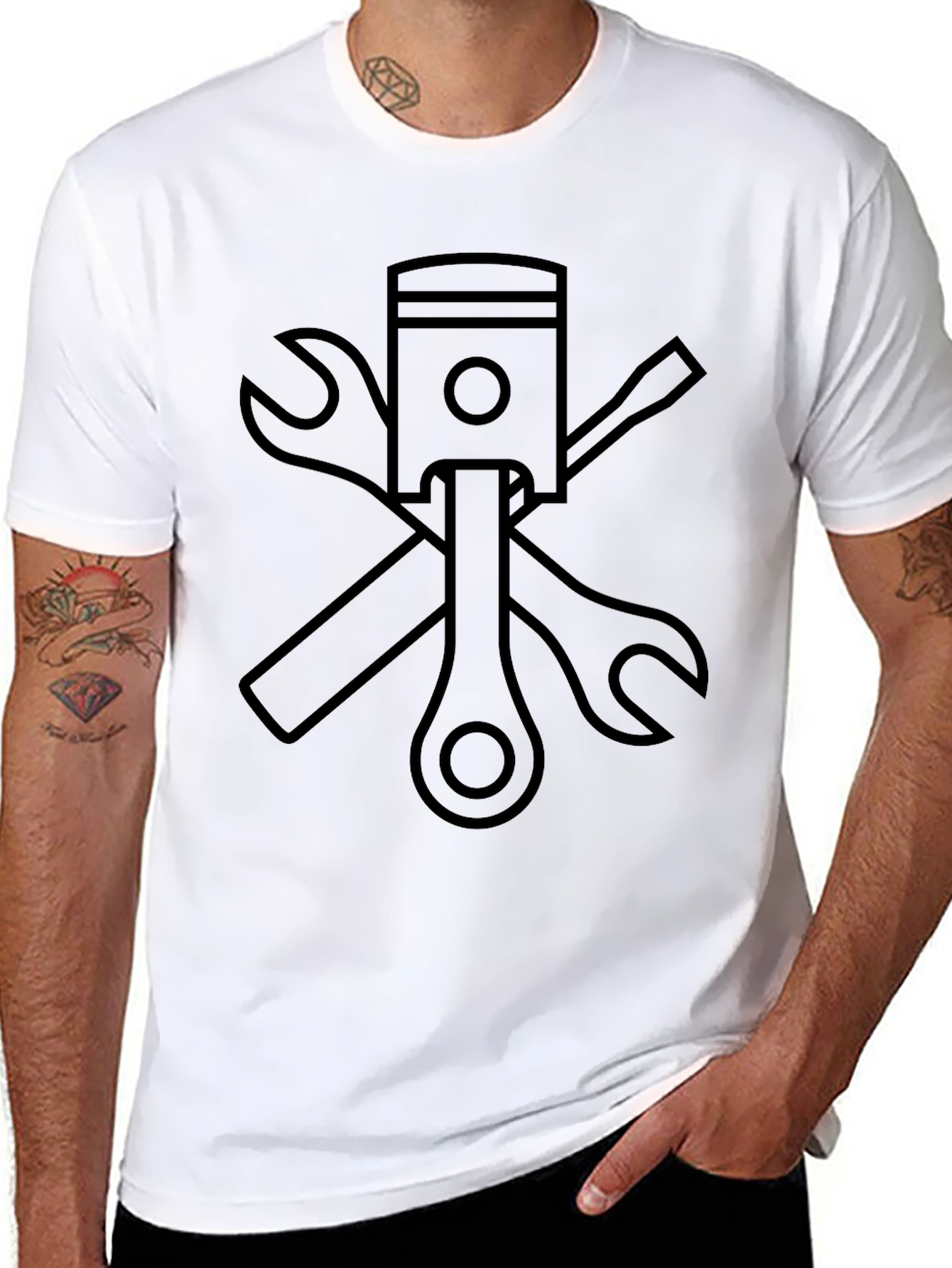 Black Mechanic T-Shirt with Piston & Tools Graphic