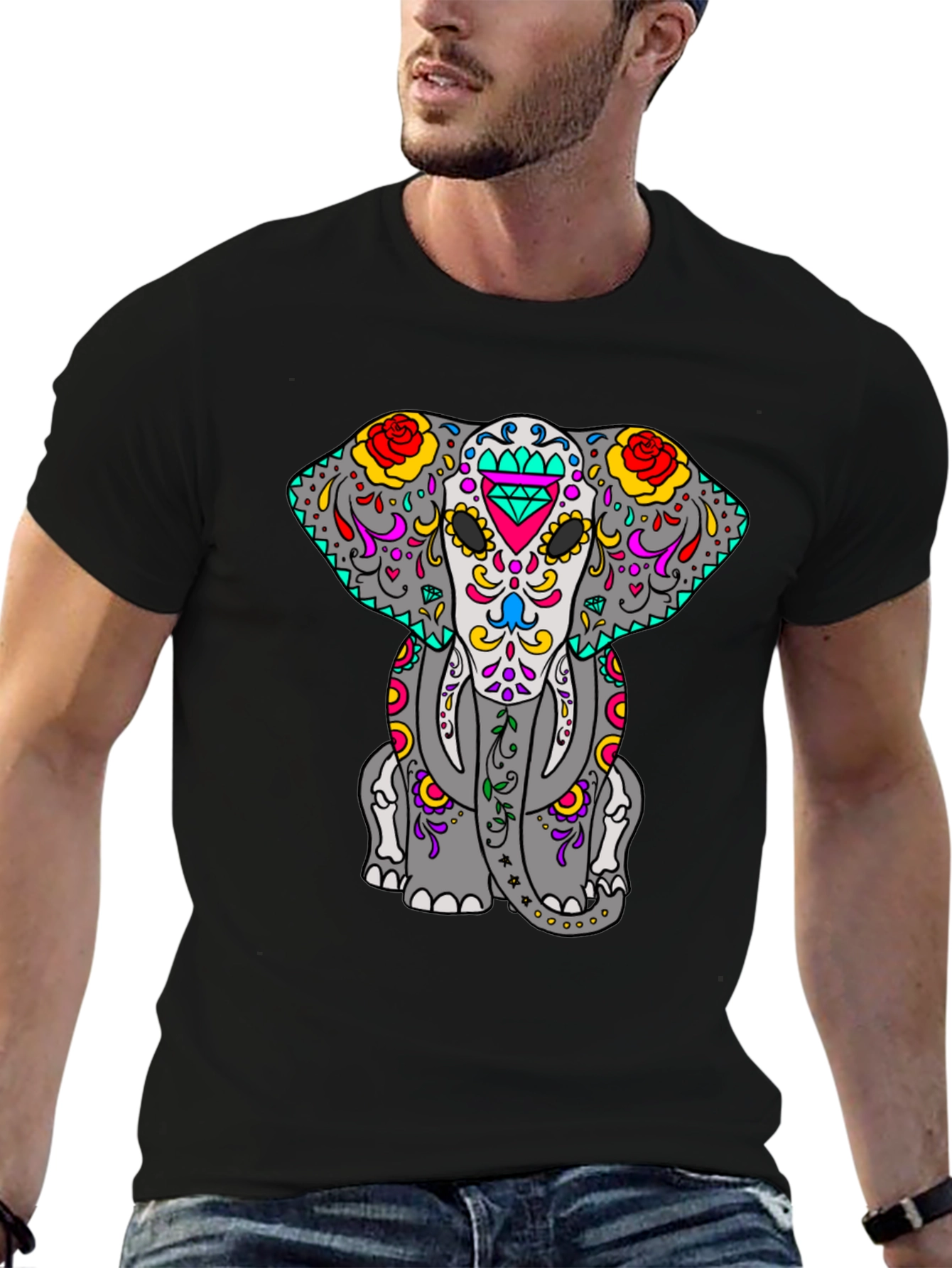 Sugar Skull Elephant Graphic Tee - Black