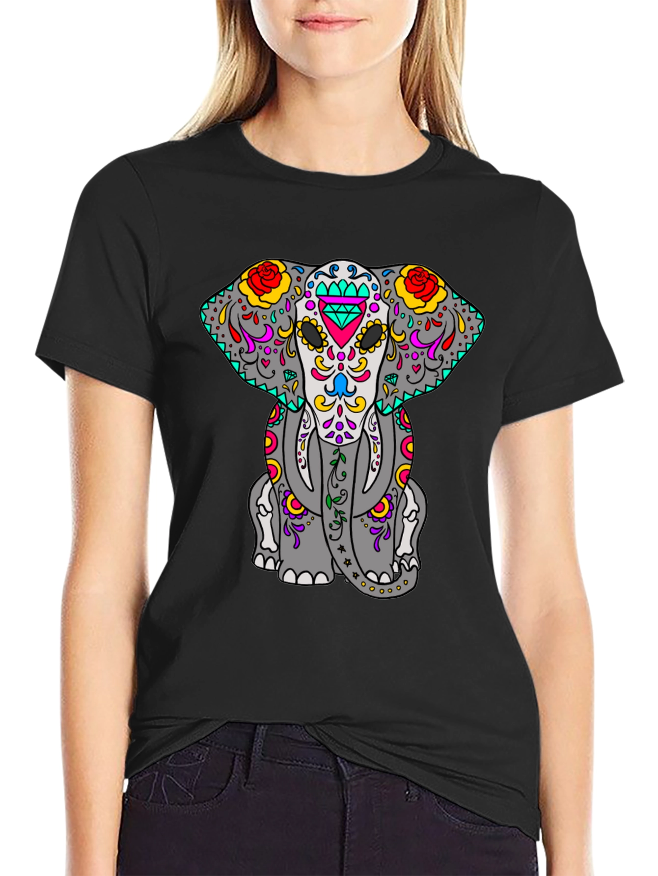 Sugar Skull Elephant Graphic Tee - Black
