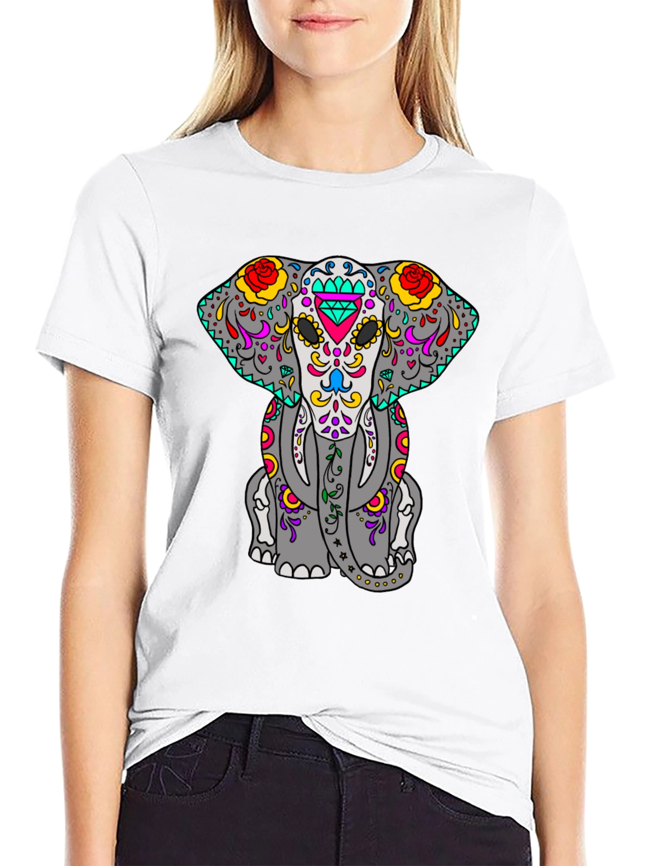 Sugar Skull Elephant Graphic Tee - Black