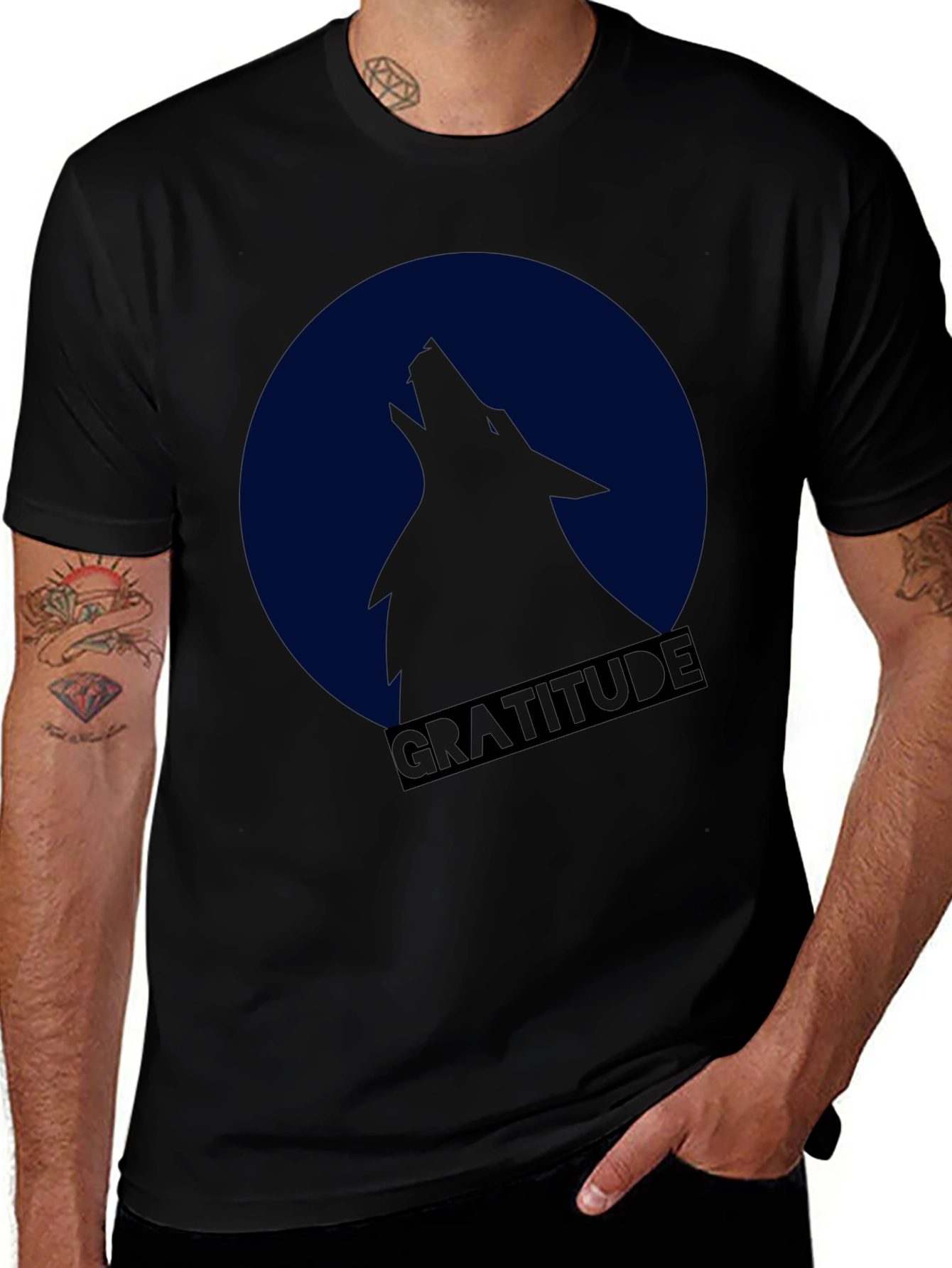 Gratitude Wolf Howling at Moon Graphic T-Shirt