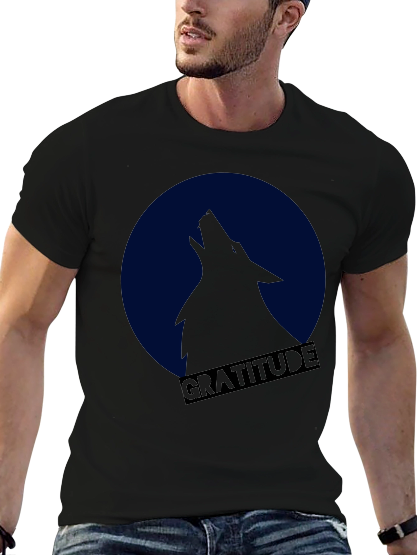 Gratitude Wolf Howling at Moon Graphic T-Shirt