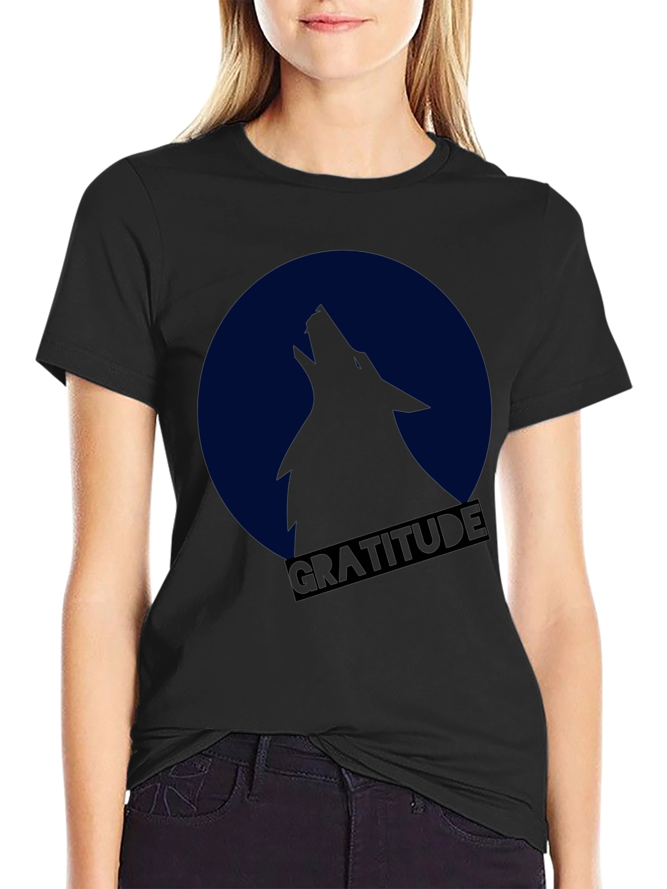 Gratitude Wolf Howling at Moon Graphic T-Shirt
