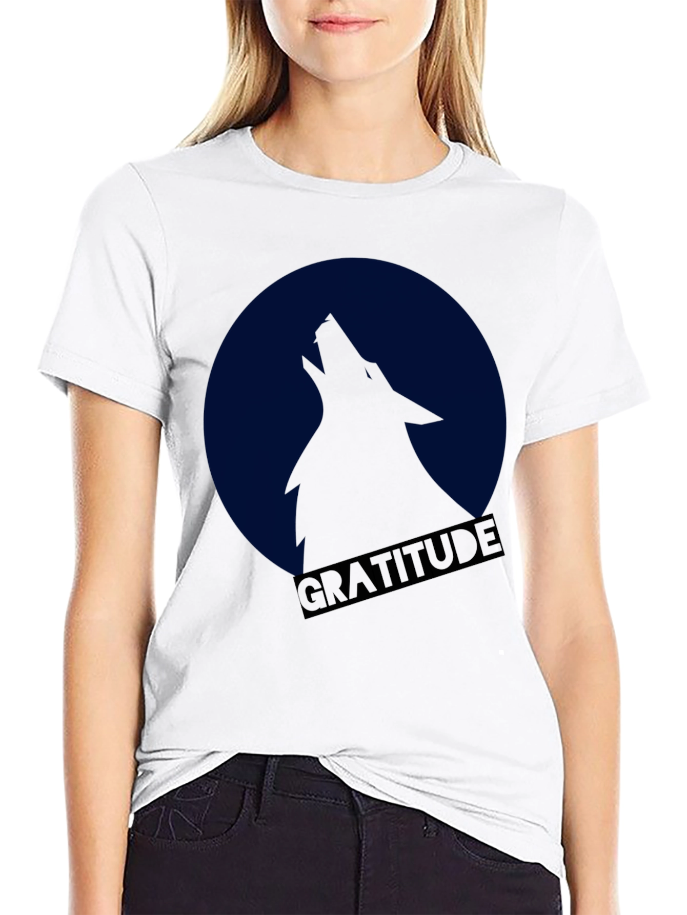 Gratitude Wolf Howling at Moon Graphic T-Shirt