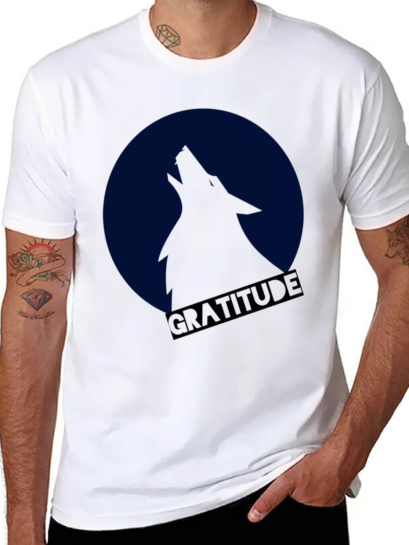 Gratitude Wolf Howling at Moon Graphic T-Shirt