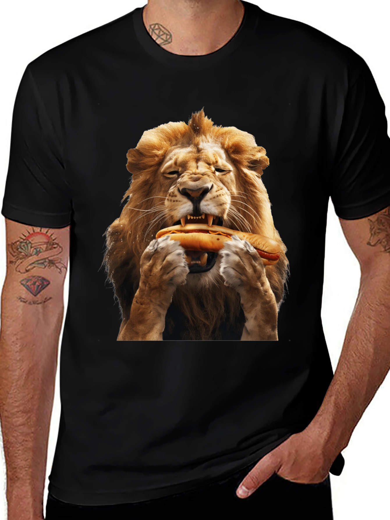 Lion Eating Hotdog Graphic T-Shirt