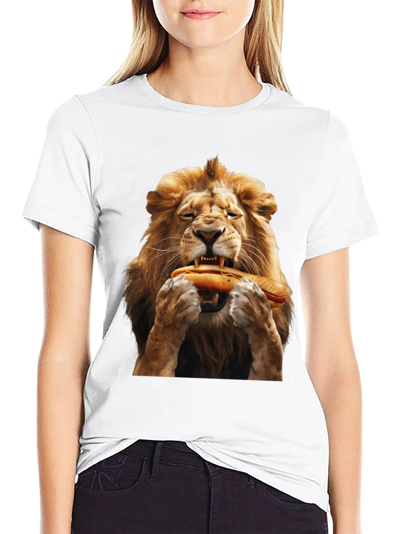 Lion Eating Hotdog Graphic T-Shirt