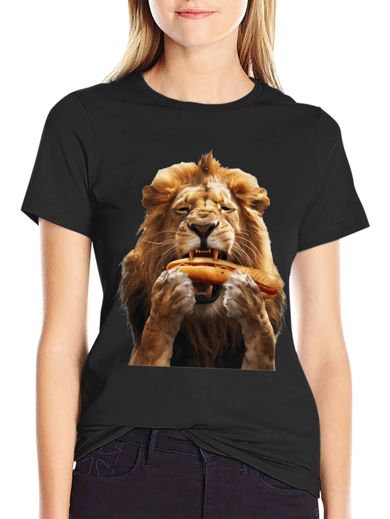 Lion Eating Hotdog Graphic T-Shirt