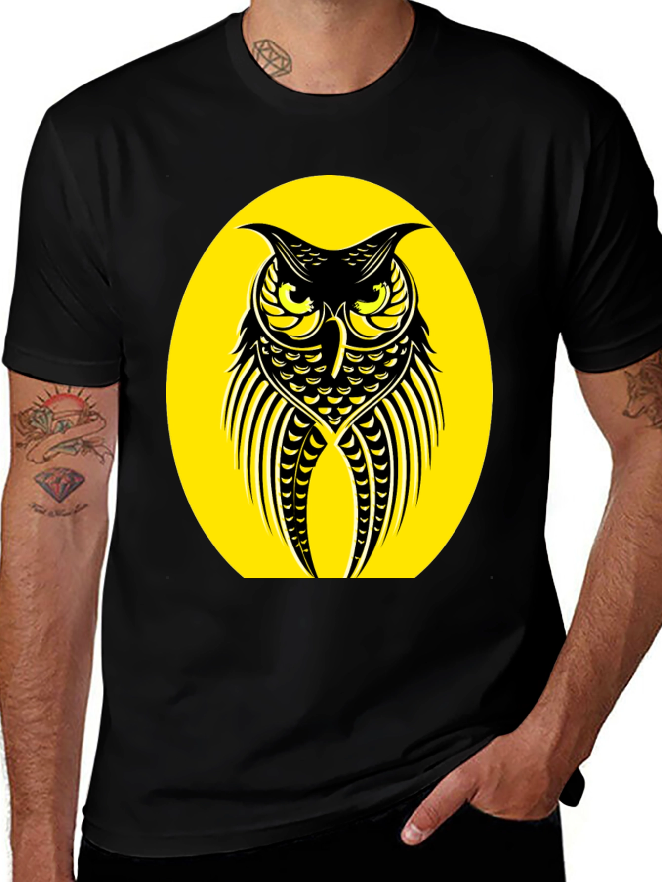 Owl Graphic Tee - Black Crew Neck T-Shirt