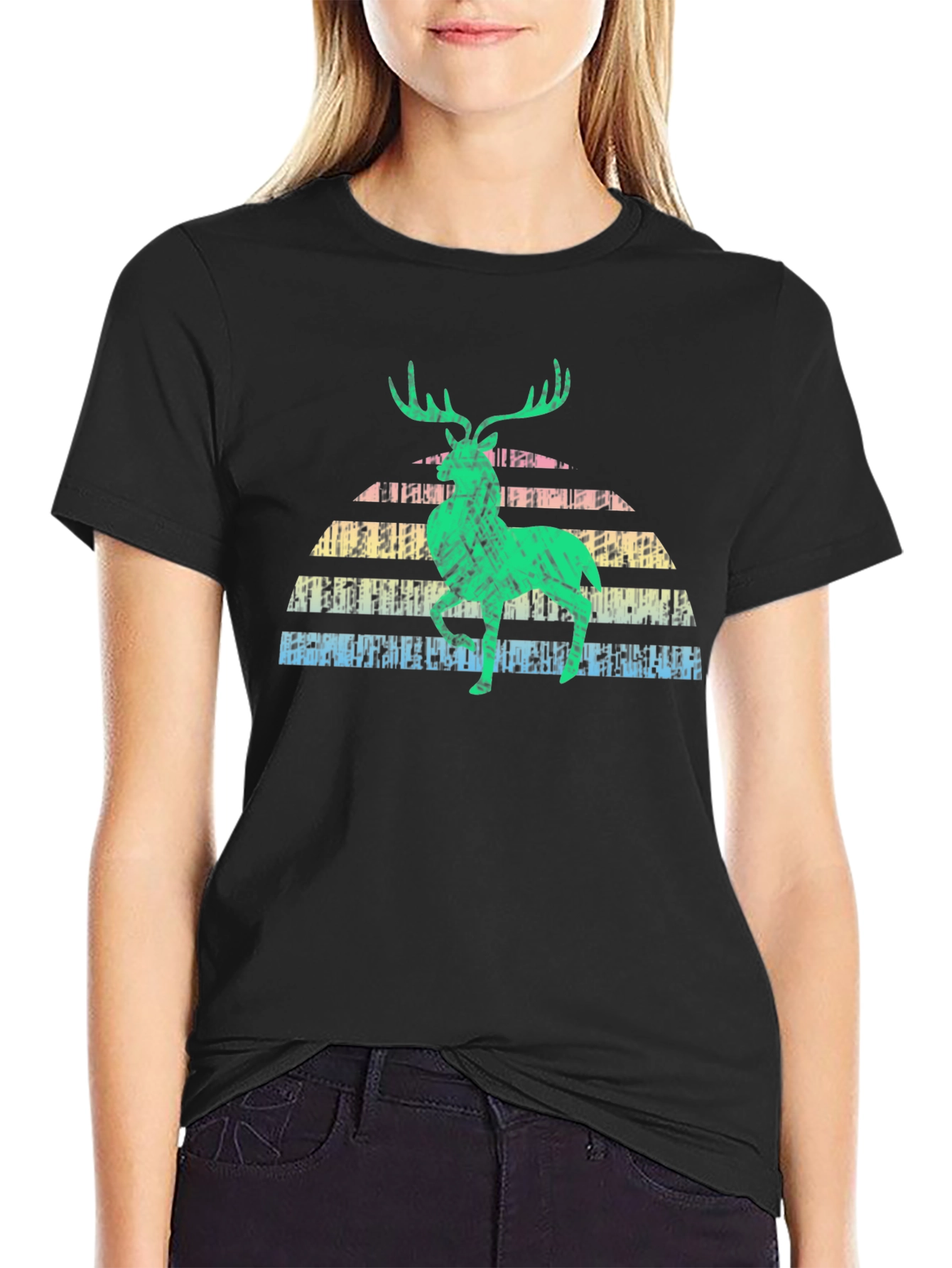 Retro Deer Graphic Tee - Black