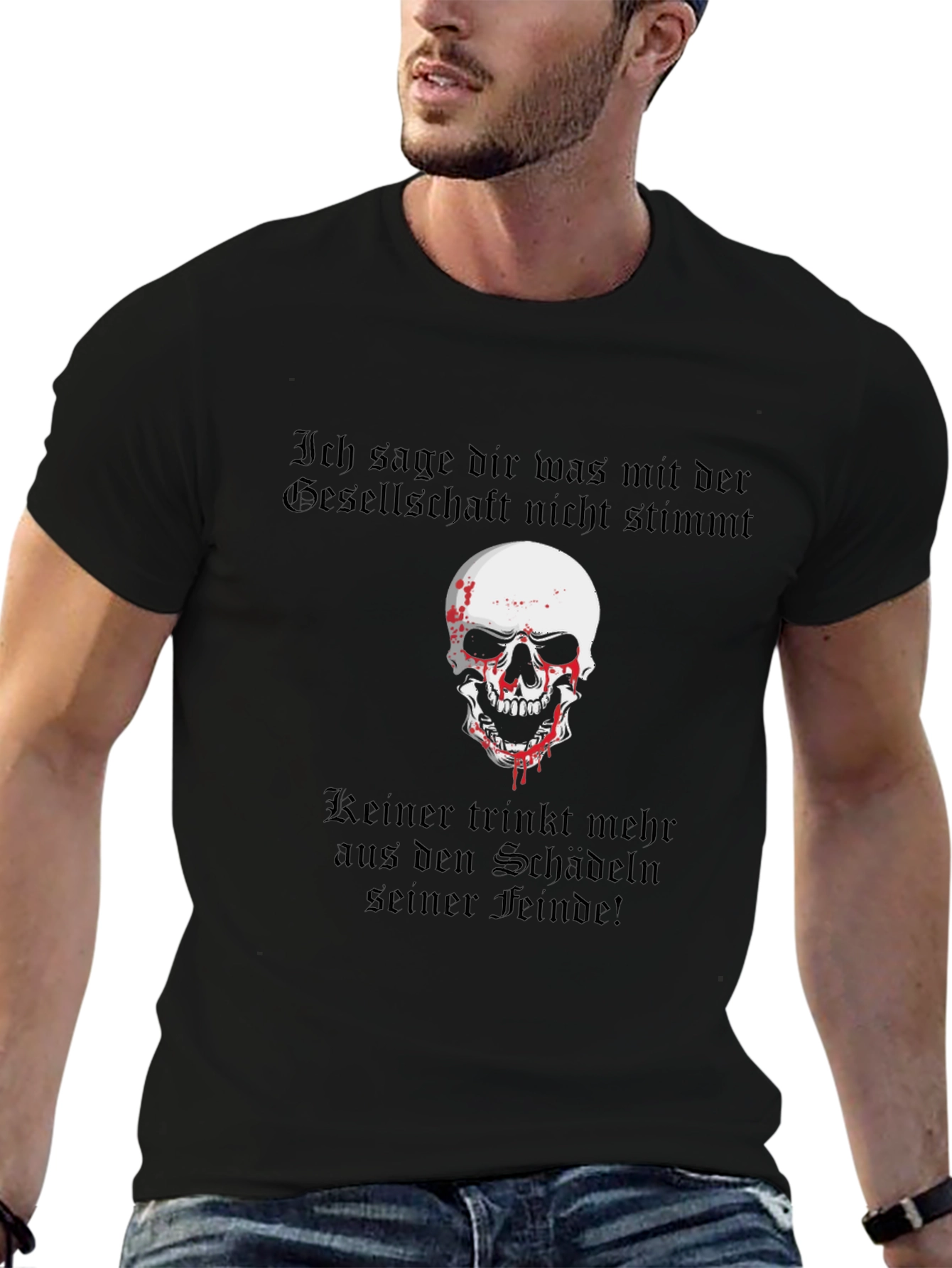 Skull & German Text Graphic T-Shirt