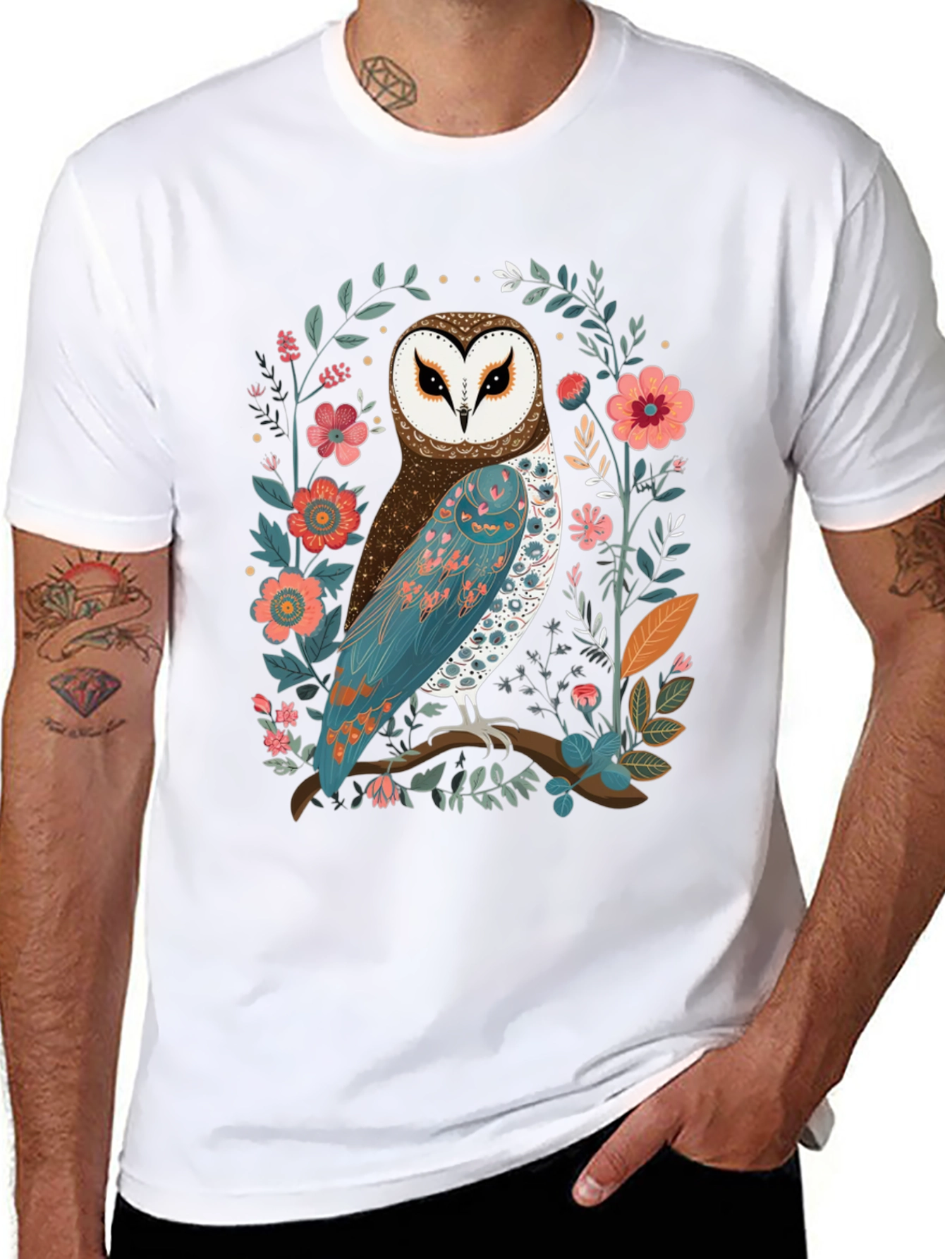 Owl and Floral Print Mens T-Shirt