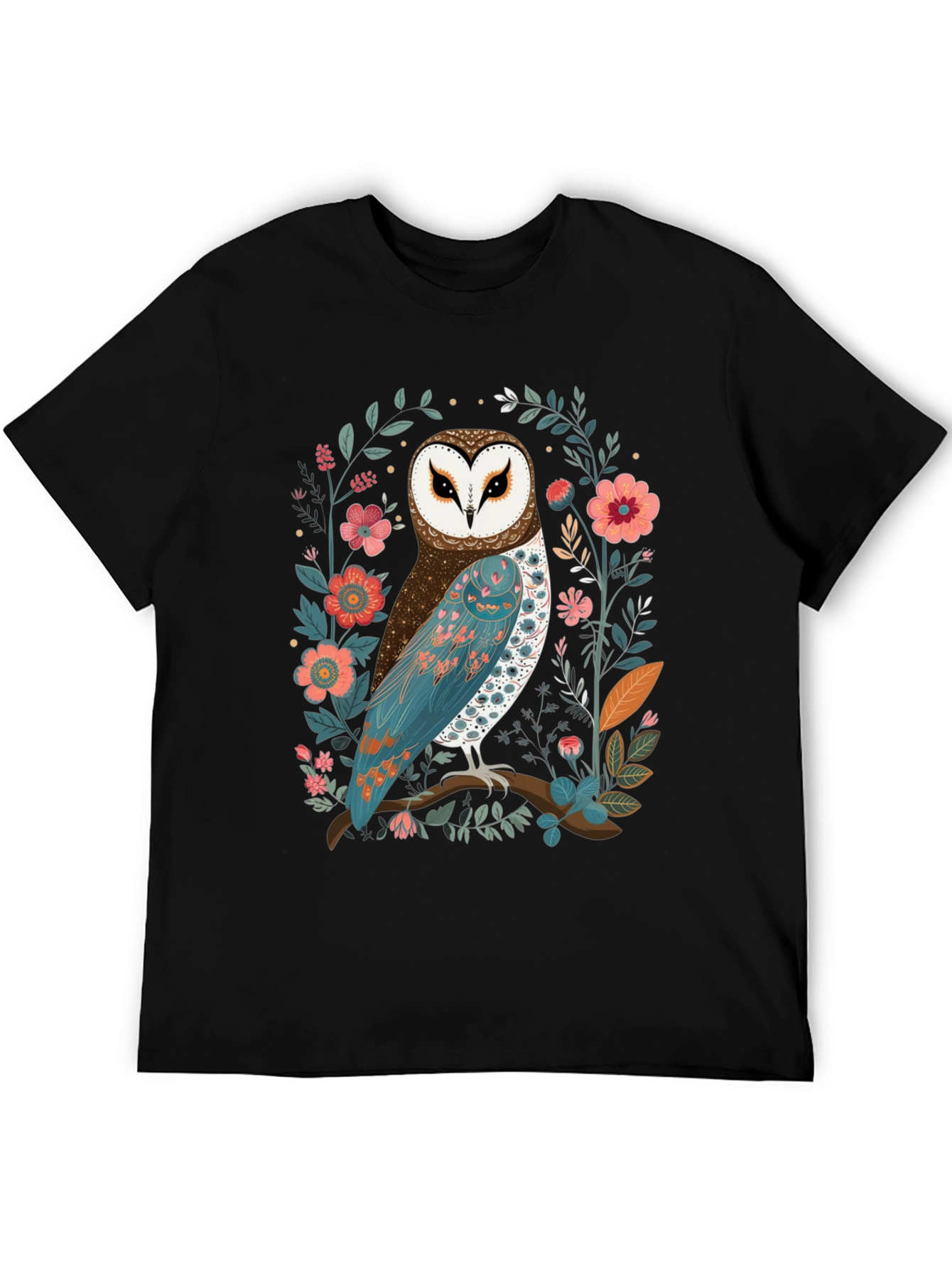Owl and Floral Print Mens T-Shirt