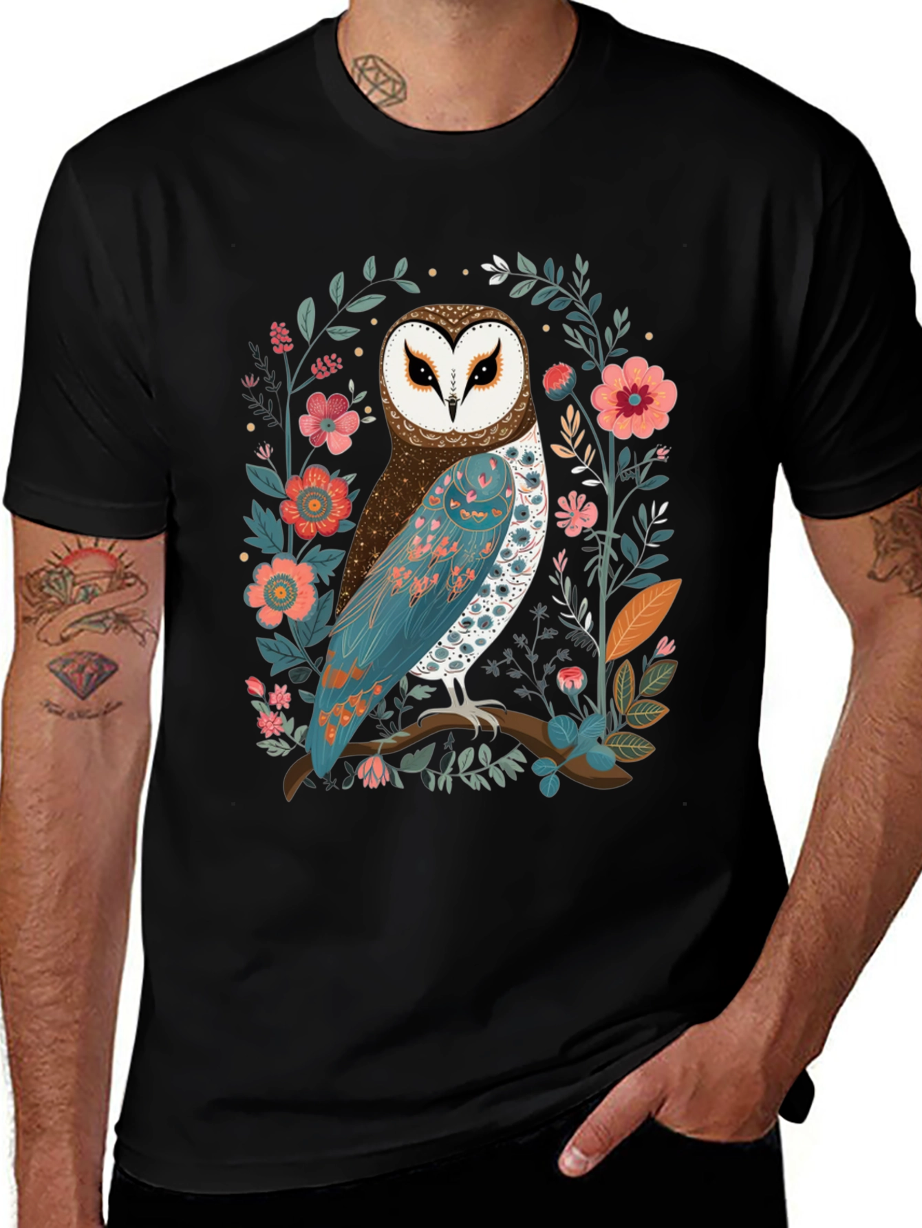 Owl and Floral Print Mens T-Shirt