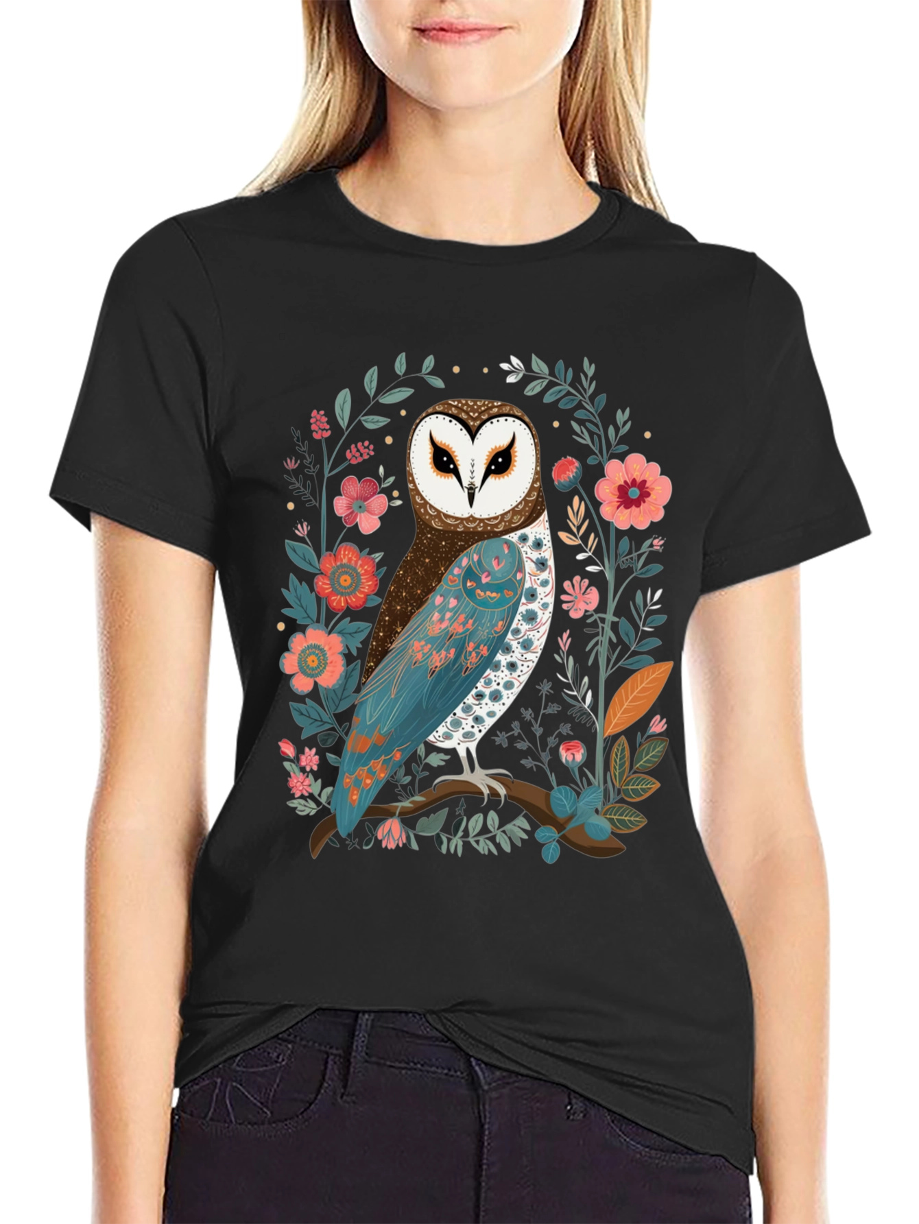 Owl and Floral Print Mens T-Shirt