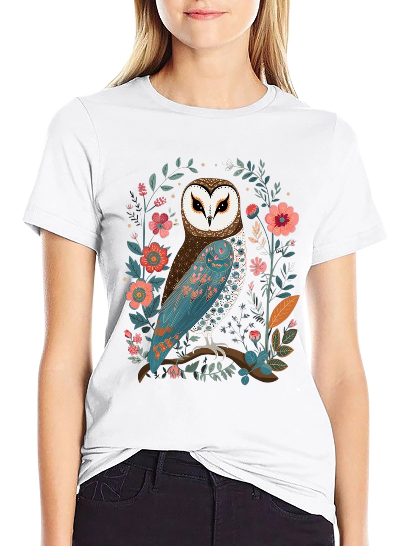 Owl and Floral Print Mens T-Shirt