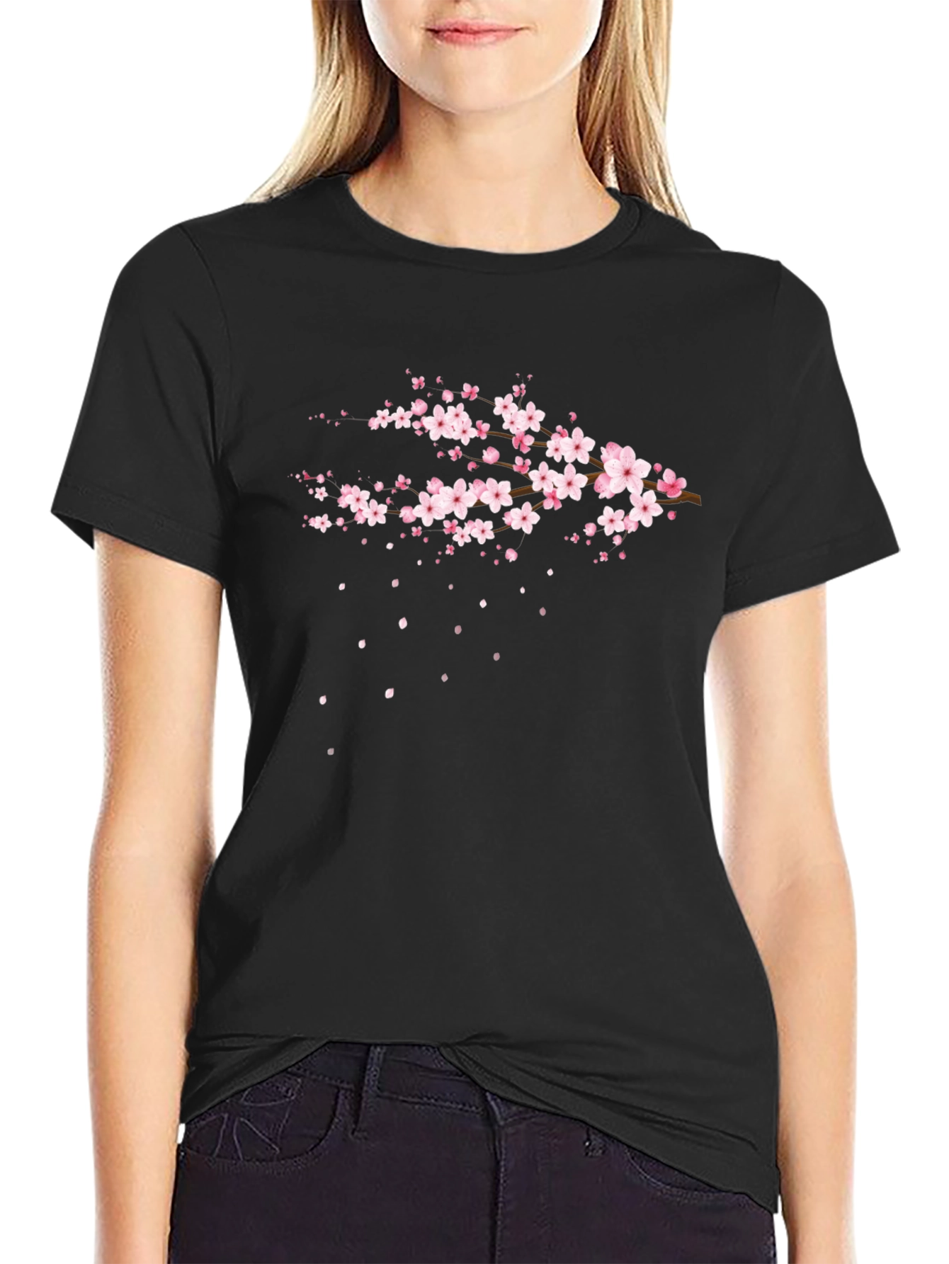 Sakura Blossom Graphic T-Shirt - Stylish Black Tee