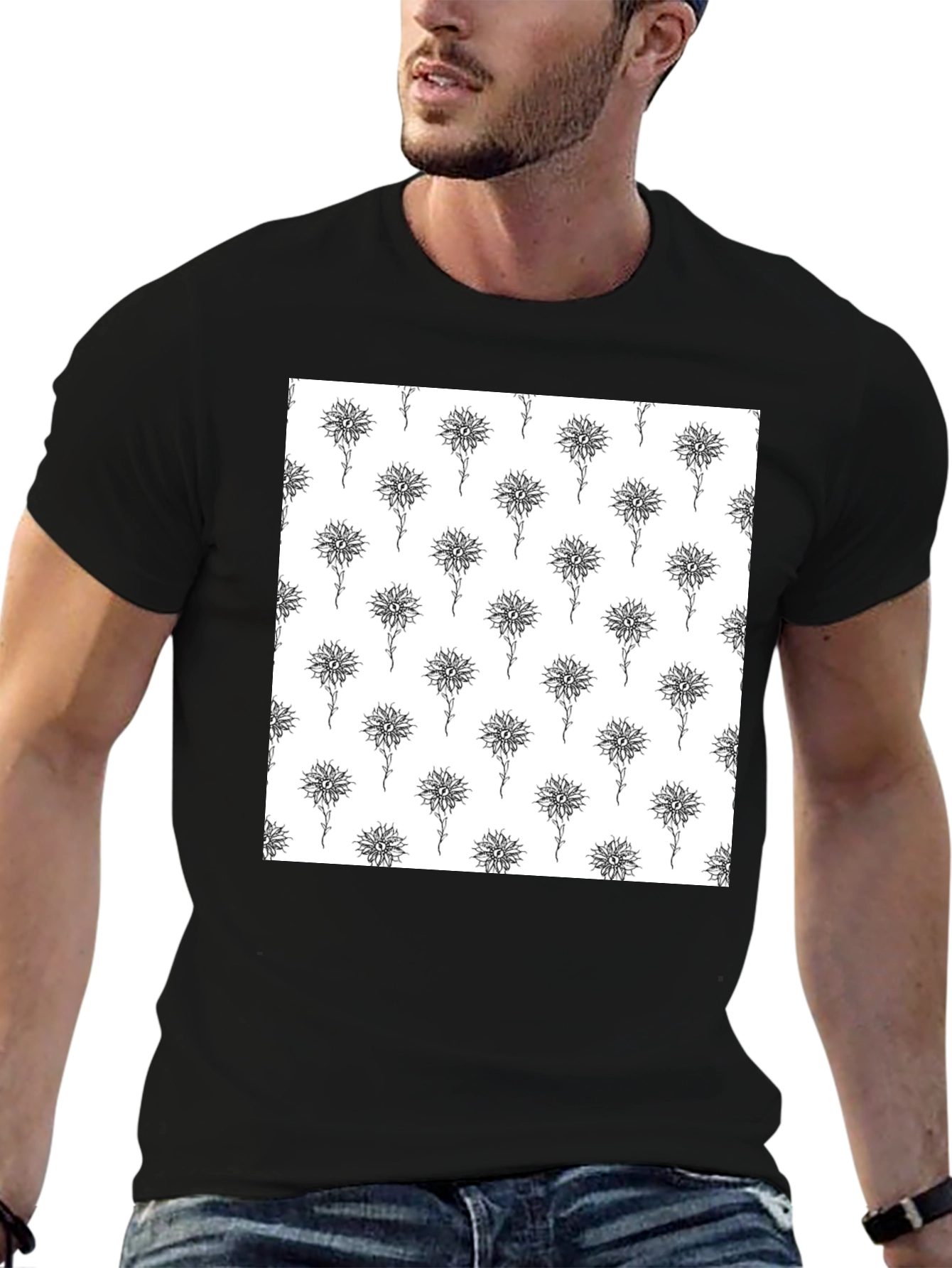 Unique Floral Pattern Black T-Shirt