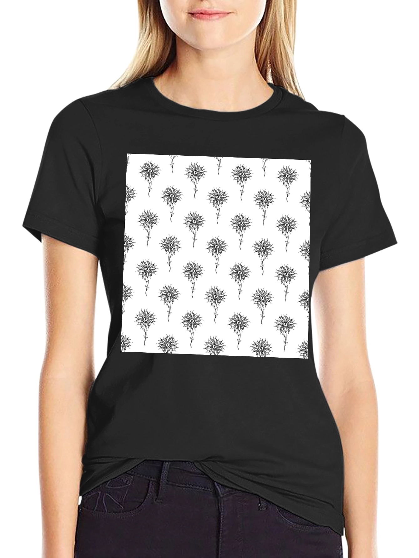 Unique Floral Pattern Black T-Shirt