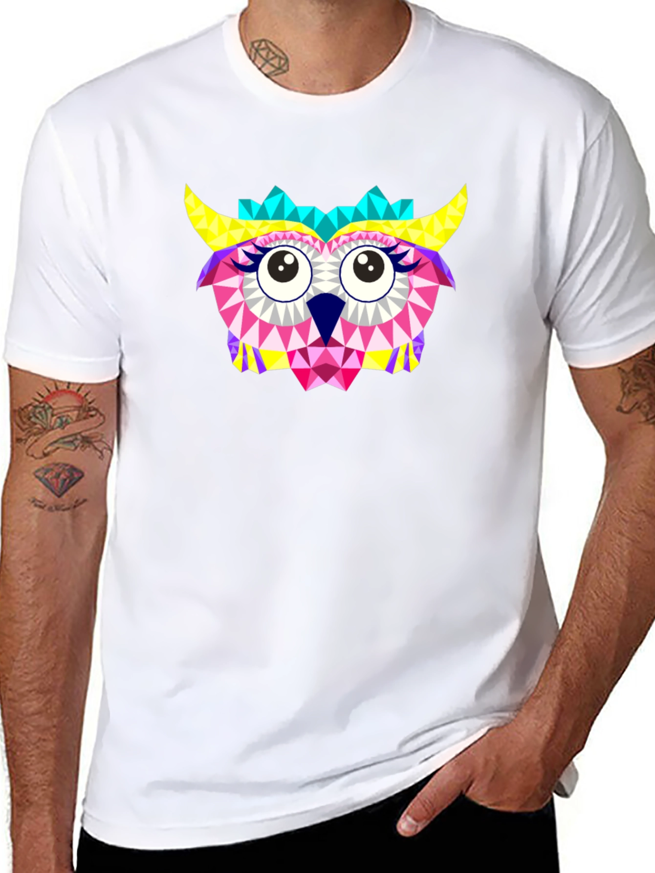 Geometric Owl Print Black T-Shirt
