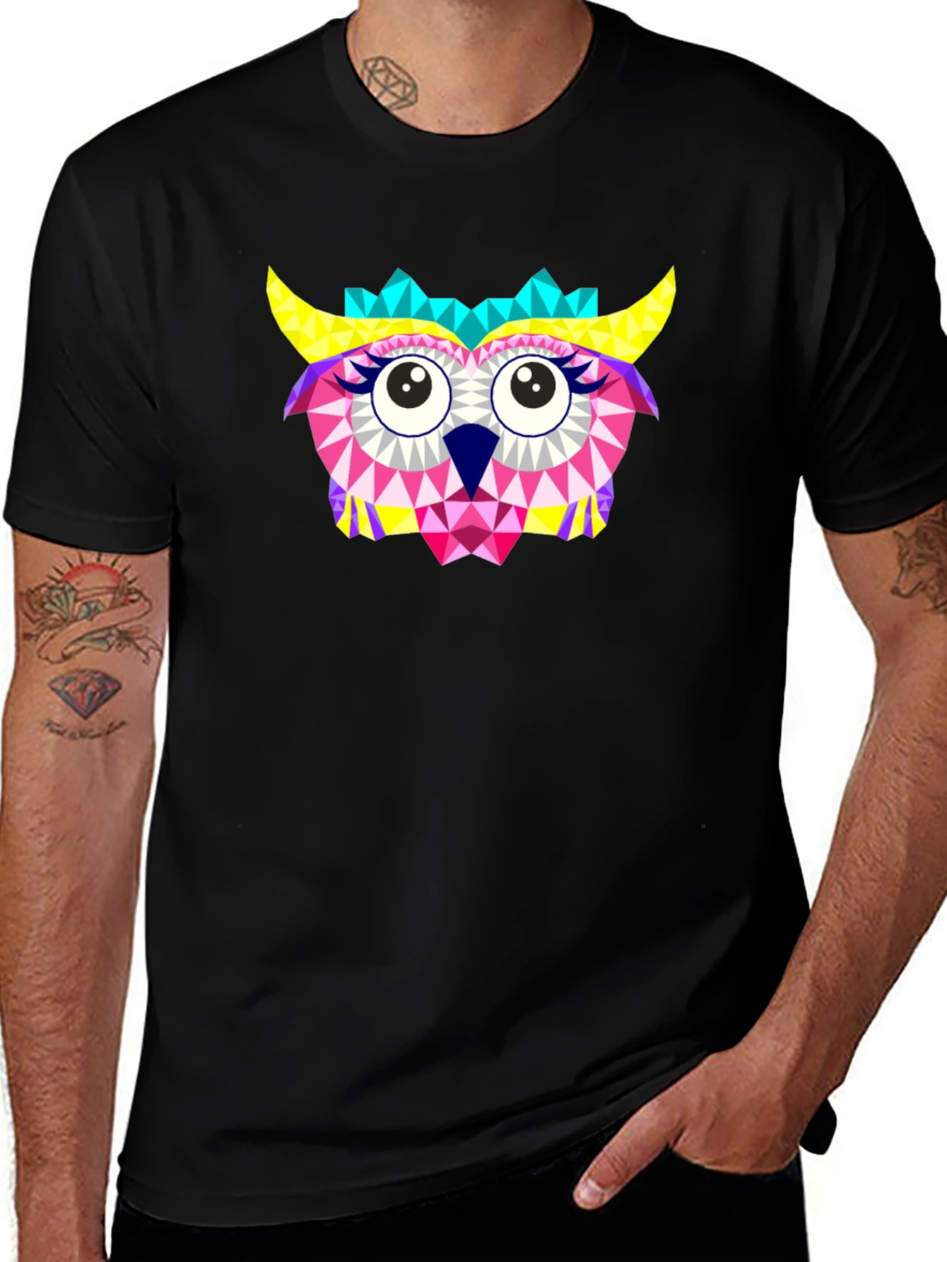 Geometric Owl Print Black T-Shirt